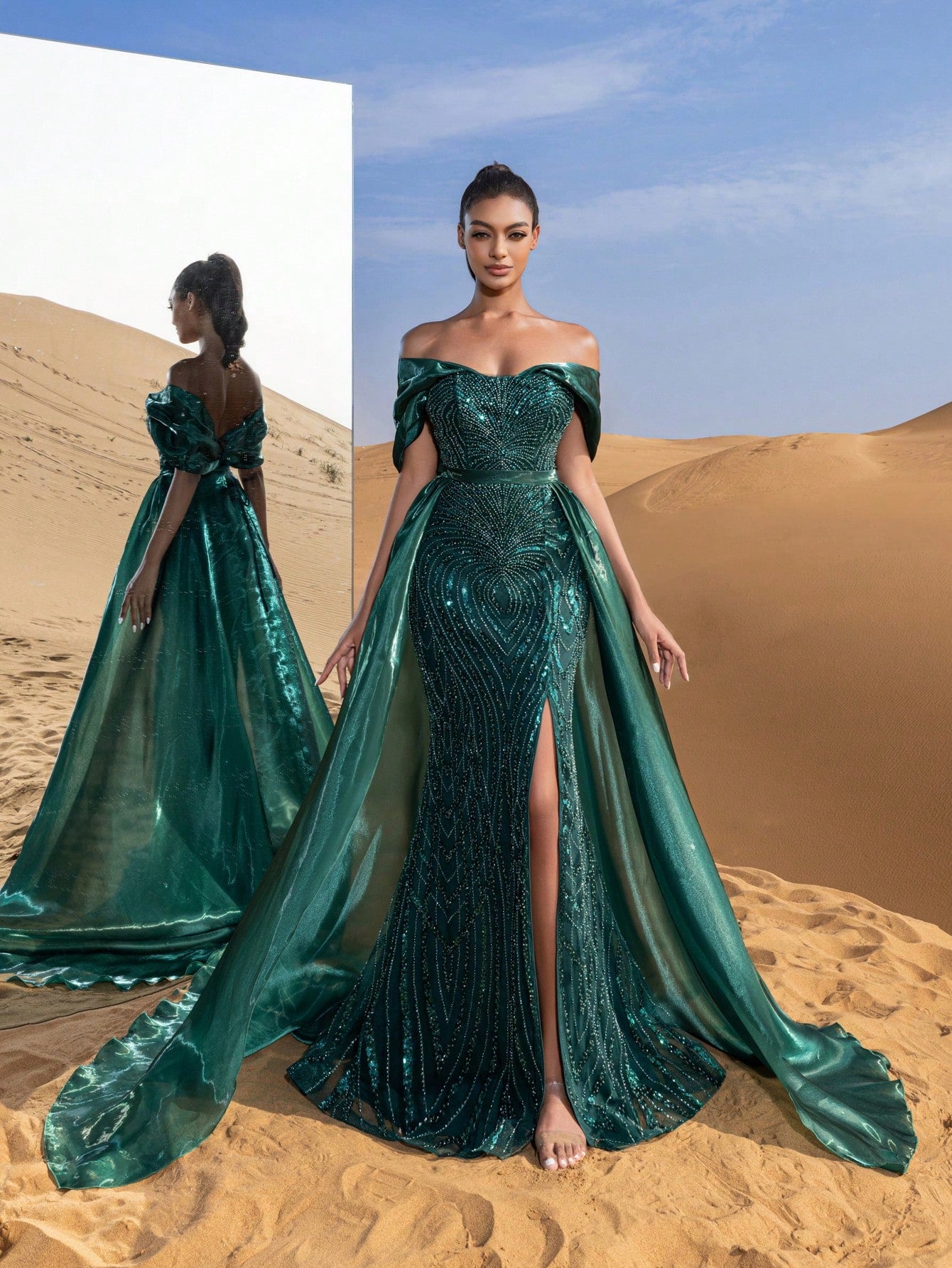 Gorgeous Off Shoulder Mermaid Hem Satin Train Beaded Formal Dresses & Evening Gowns