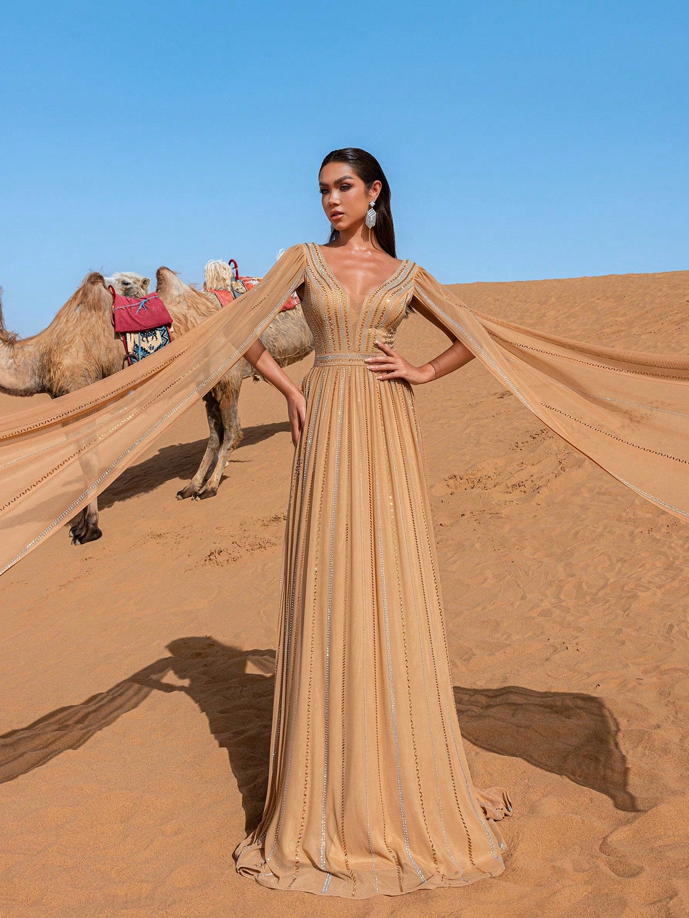 Rhinestone Detail Plunging Neck Extra-Long Sleeve Formal Dresses & Evening Gowns Dress & Embellished Dress