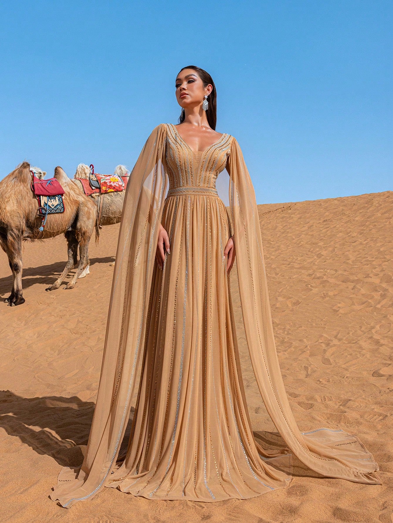 Rhinestone Detail Plunging Neck Extra-Long Sleeve Formal Dresses & Evening Gowns Dress & Embellished Dress