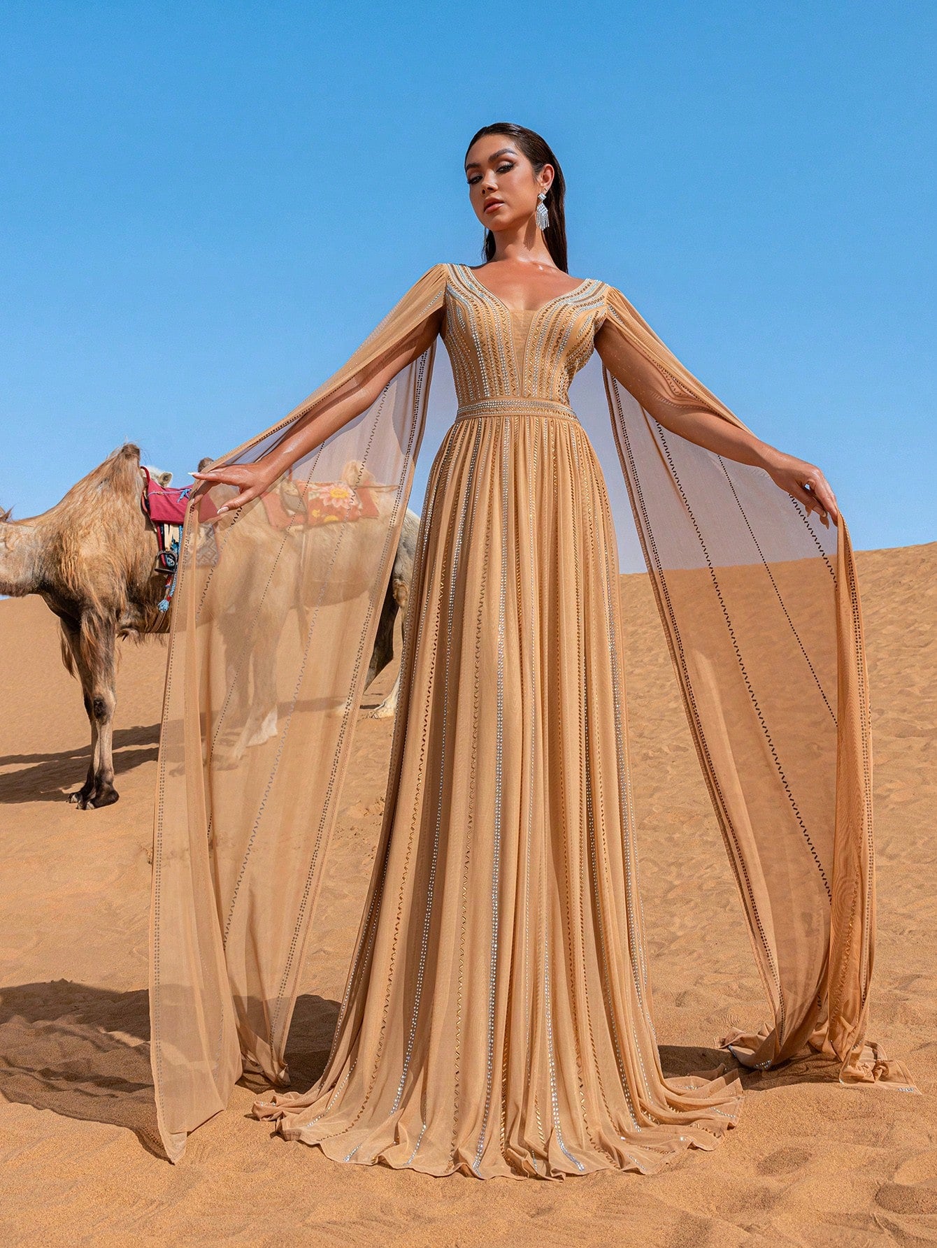 Rhinestone Detail Plunging Neck Extra-Long Sleeve Formal Dresses & Evening Gowns Dress & Embellished Dress