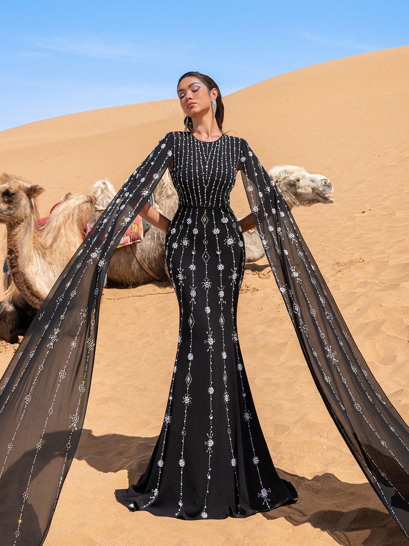 Gorgeous Rhinestone Detail Extra-Long Sleeves Beaded Formal Dresses & Evening Gowns Dress & Embellished Dress