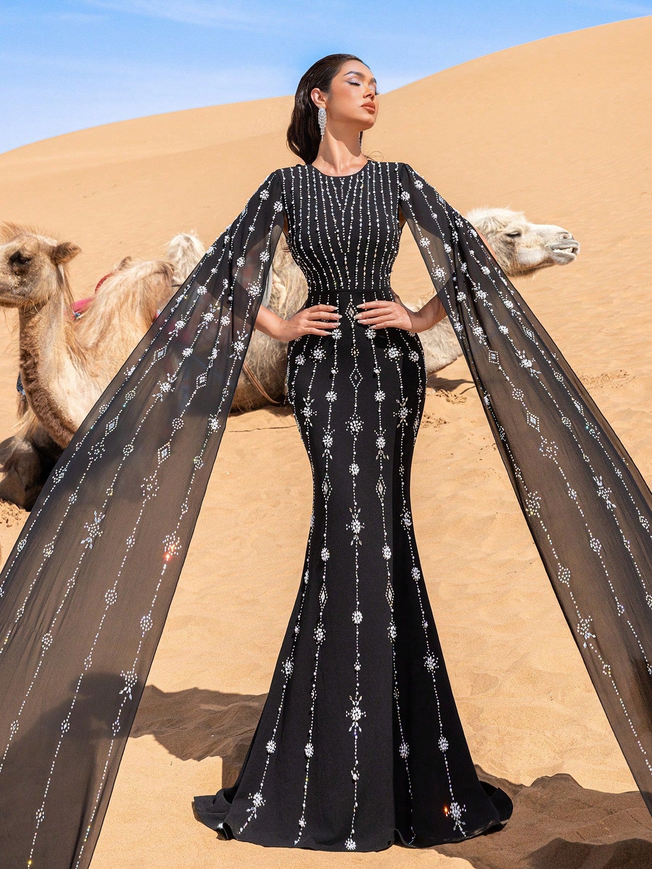 Gorgeous Rhinestone Detail Extra-Long Sleeves Beaded Formal Dresses & Evening Gowns Dress & Embellished Dress
