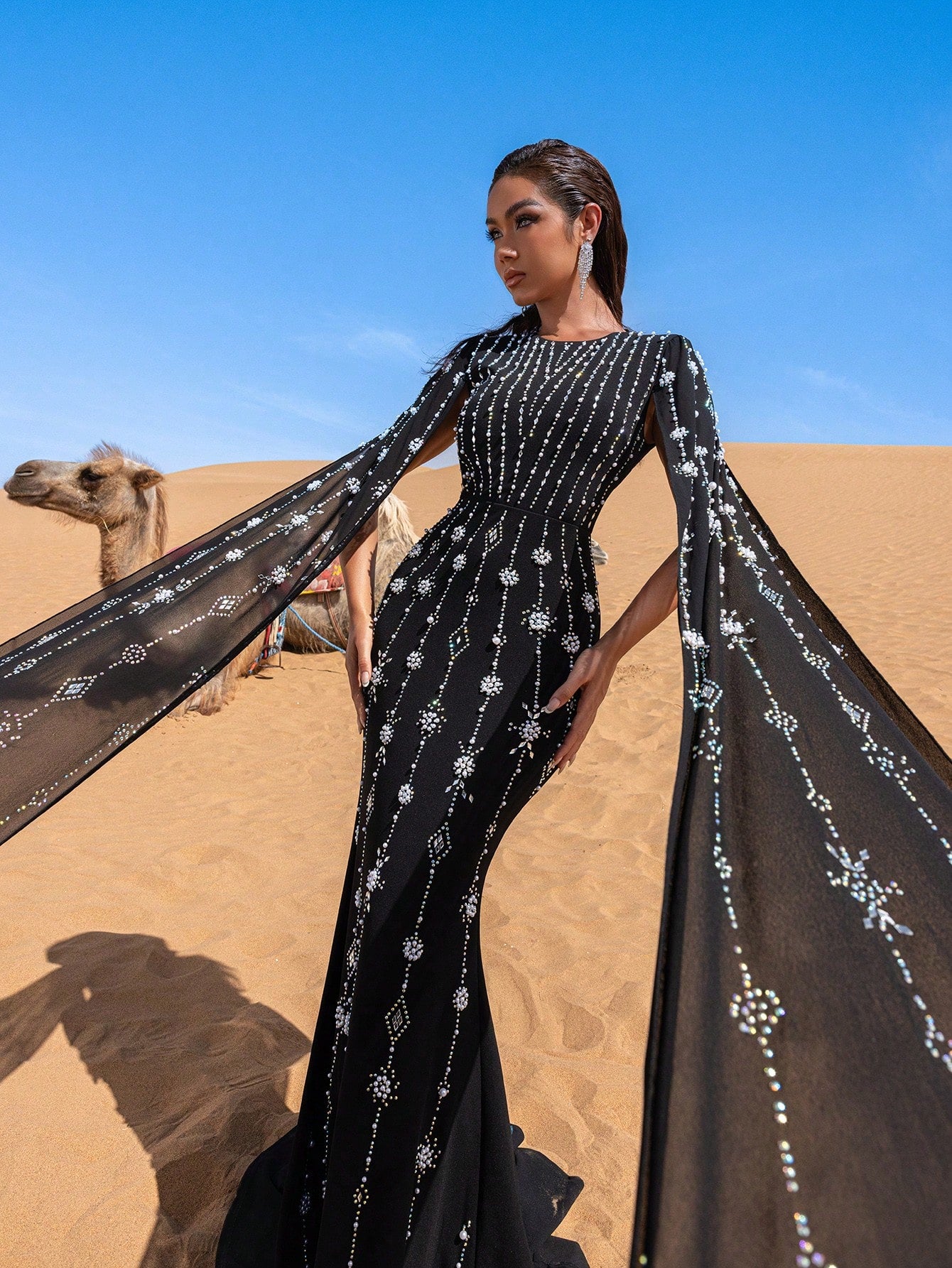 Gorgeous Rhinestone Detail Extra-Long Sleeves Beaded Formal Dresses & Evening Gowns Dress & Embellished Dress