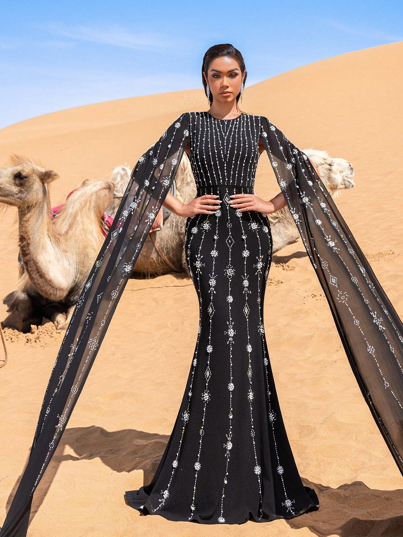 Gorgeous Rhinestone Detail Extra-Long Sleeves Beaded Formal Dresses & Evening Gowns Dress & Embellished Dress