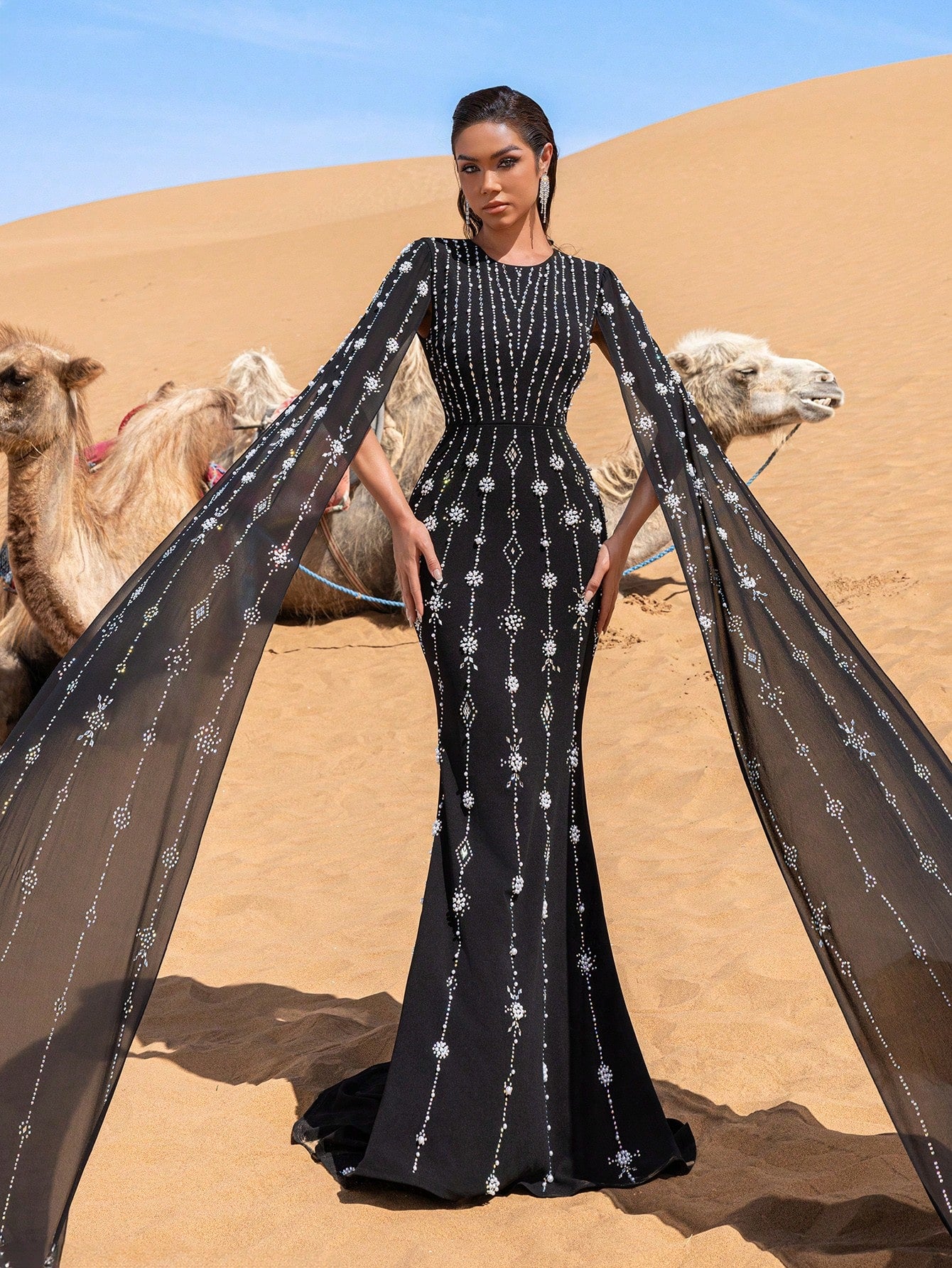 Gorgeous Rhinestone Detail Extra-Long Sleeves Beaded Formal Dresses & Evening Gowns Dress & Embellished Dress