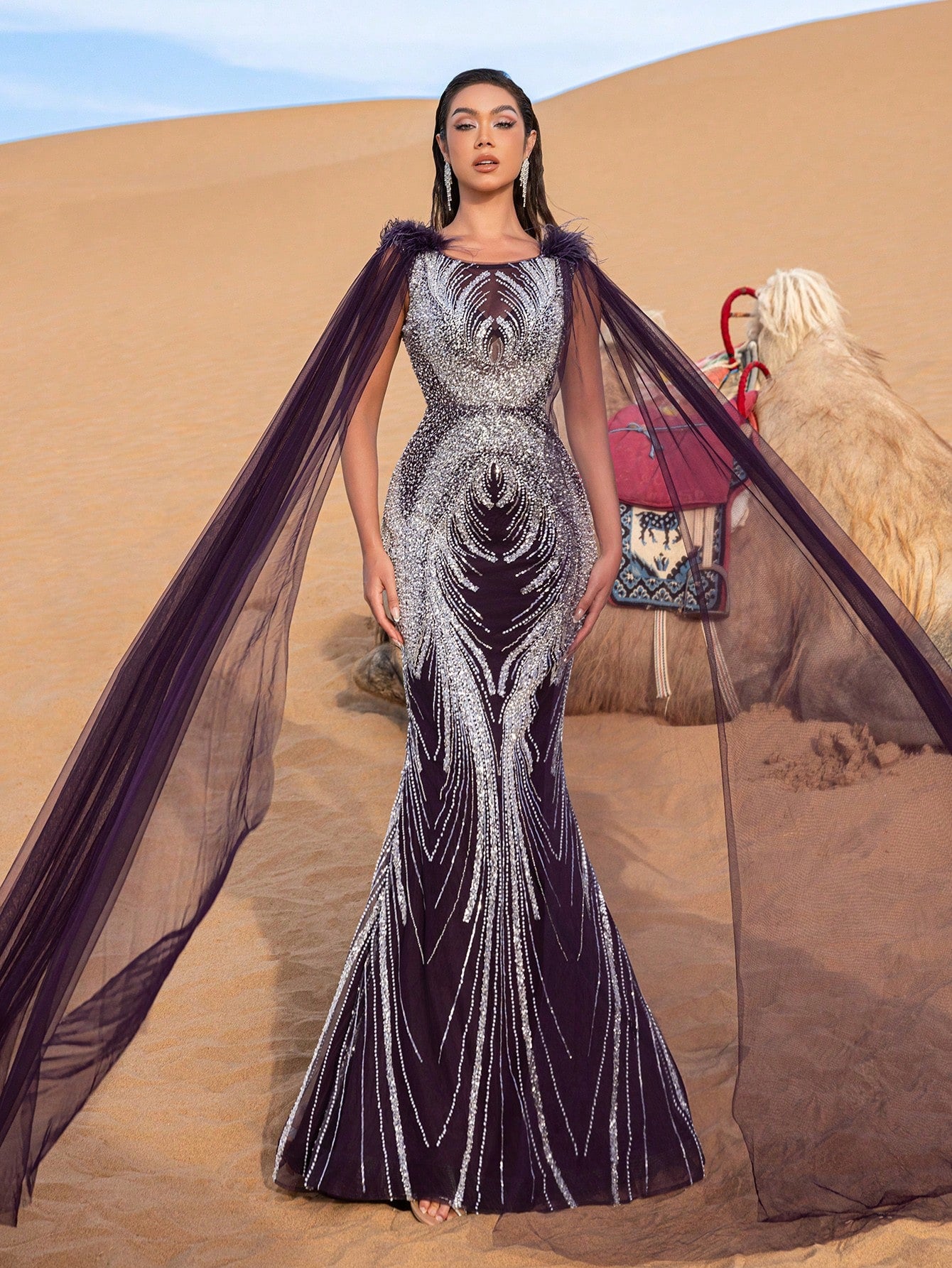 Luxury Sheer Sleeves Mermaid Hem Beaded Sequin Formal Evening Dress