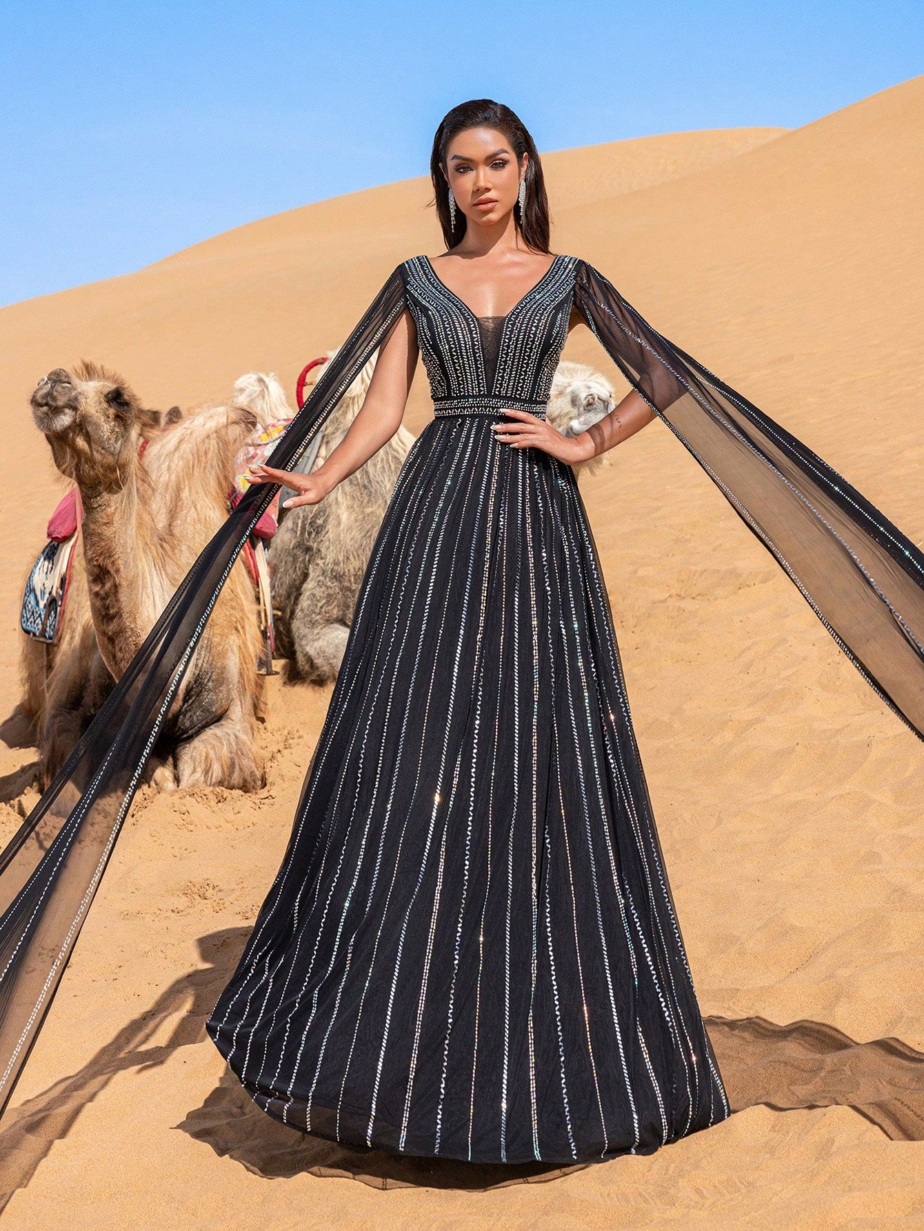 Rhinestone Detail Plunging Neck Extra-Long Sleeve Formal Dresses & Evening Gowns Dress & Embellished Dress