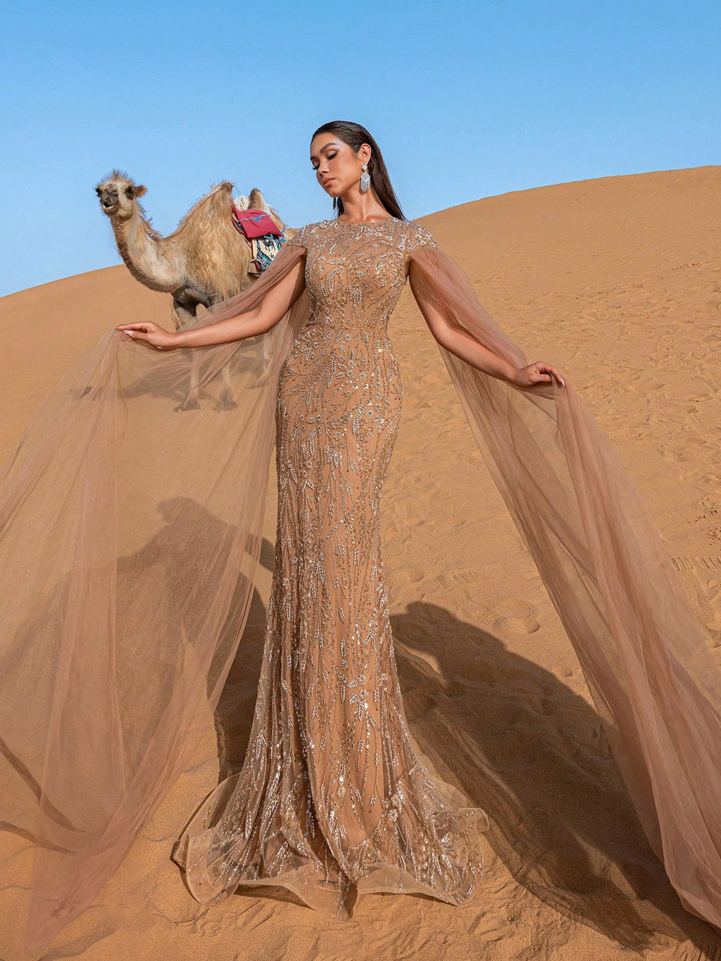 Gorgeous Cloak Sleeves Mermaid Hem Floral Beaded Sequin Gowns Formal Dresses & Evening Gowns