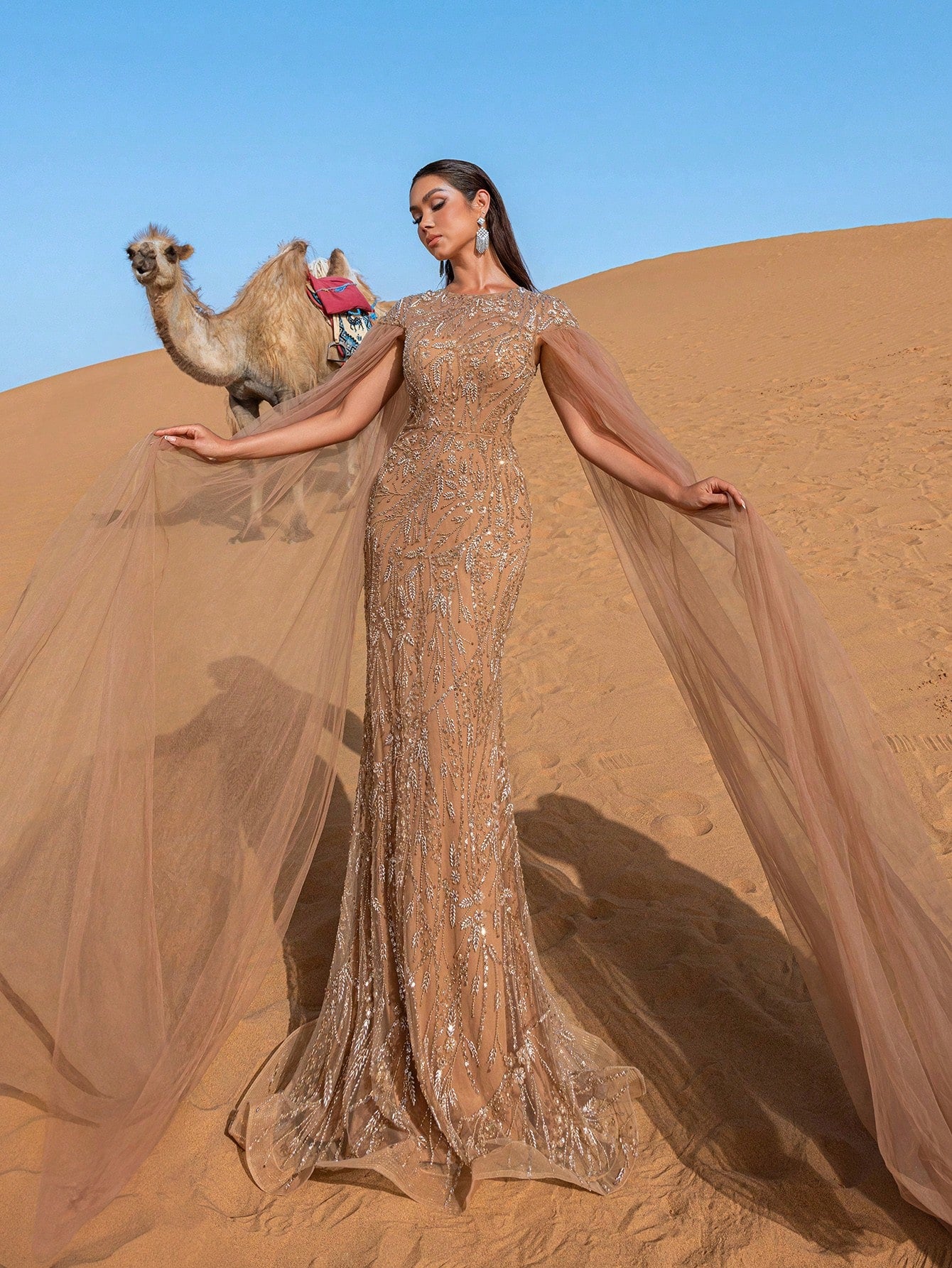 Gorgeous Cloak Sleeves Mermaid Hem Floral Beaded Sequin Gowns Formal Dresses & Evening Gowns