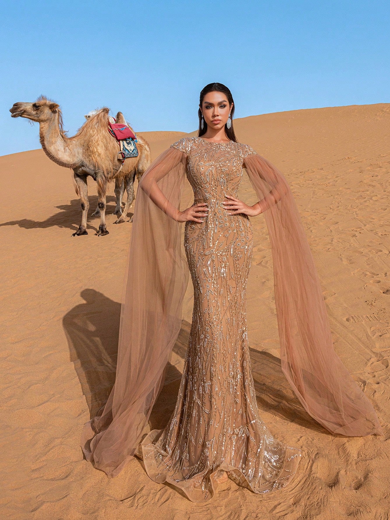 Gorgeous Cloak Sleeves Mermaid Hem Floral Beaded Sequin Gowns Formal Dresses & Evening Gowns