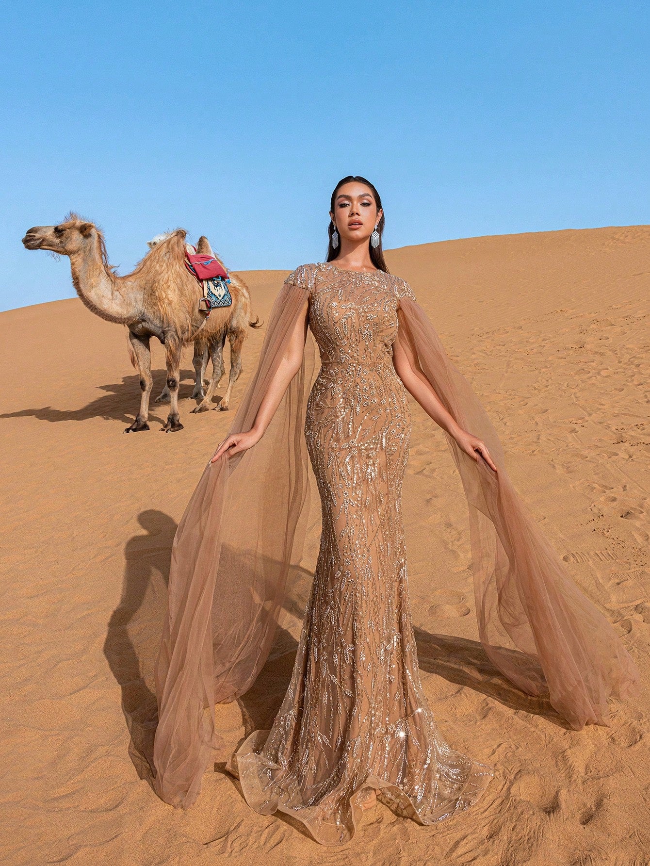 Gorgeous Cloak Sleeves Mermaid Hem Floral Beaded Sequin Gowns Formal Dresses & Evening Gowns