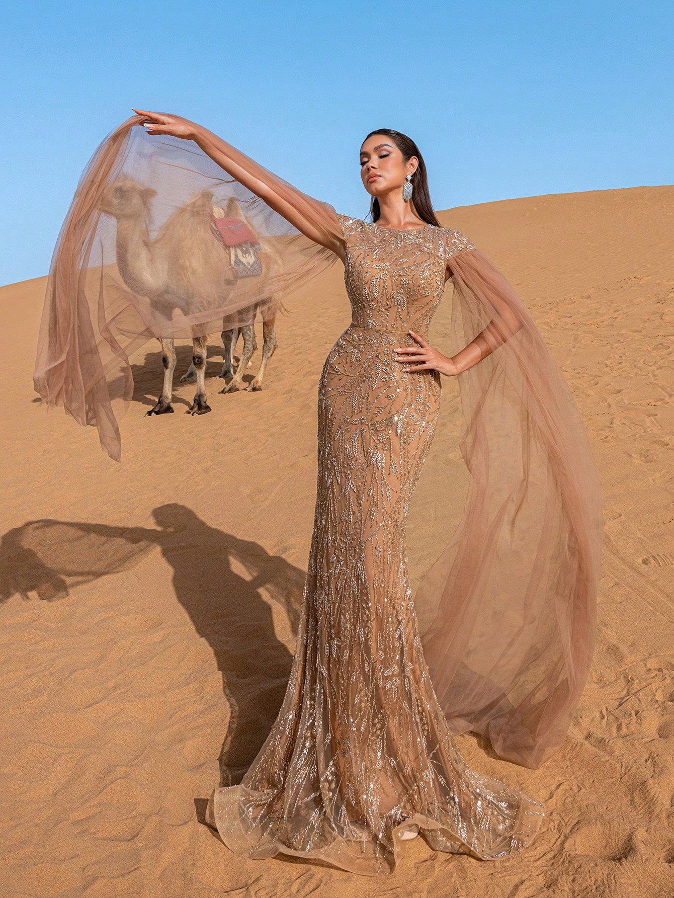 Gorgeous Cloak Sleeves Mermaid Hem Floral Beaded Sequin Gowns Formal Dresses & Evening Gowns