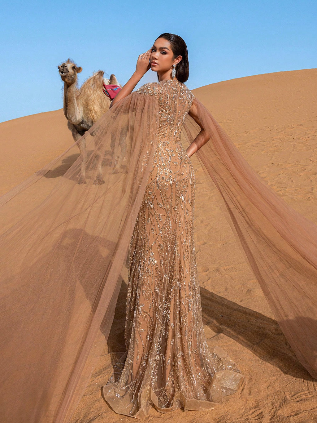Gorgeous Cloak Sleeves Mermaid Hem Floral Beaded Sequin Gowns Formal Dresses & Evening Gowns