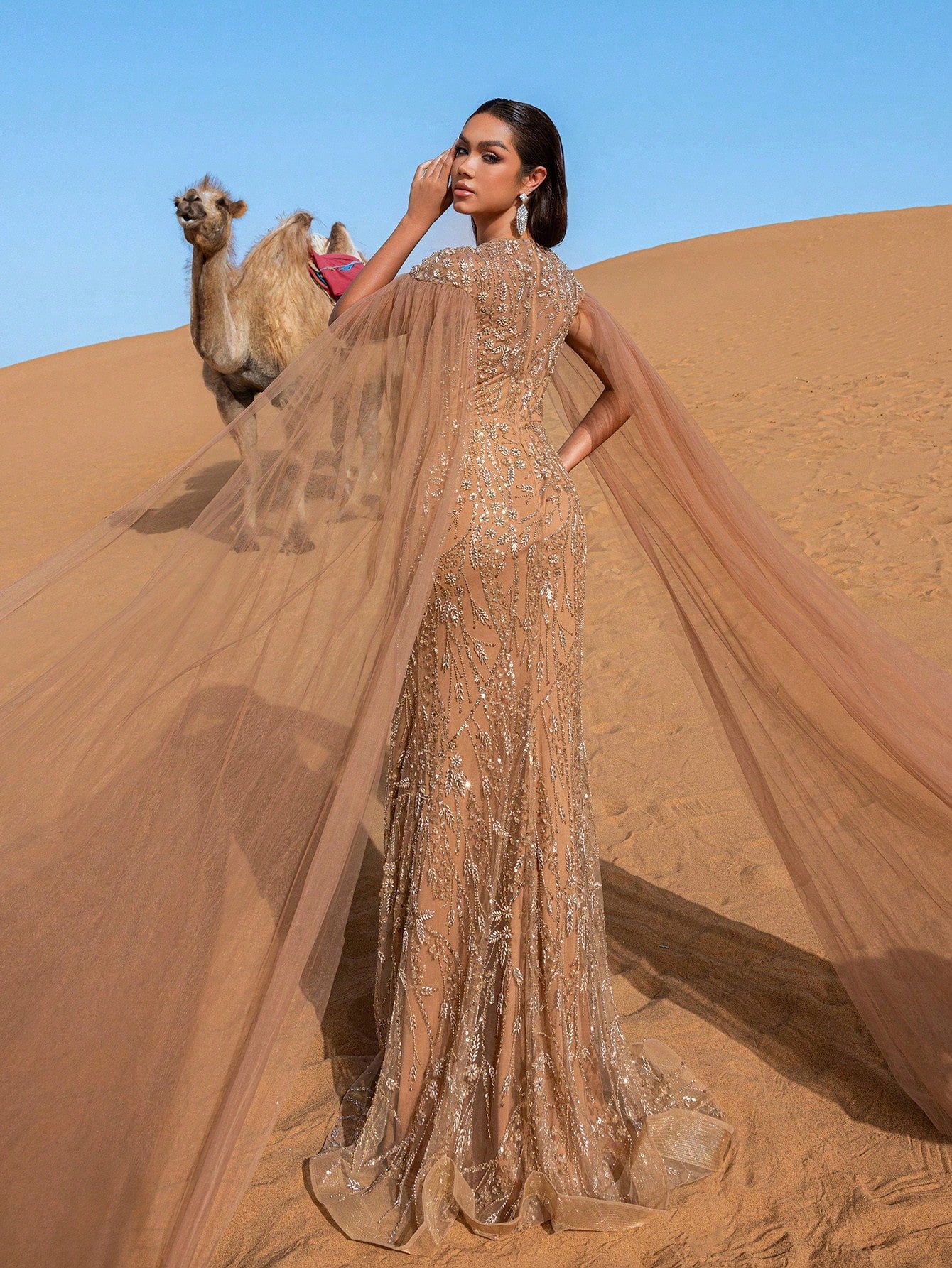 Gorgeous Cloak Sleeves Mermaid Hem Floral Beaded Sequin Gowns Formal Dresses & Evening Gowns