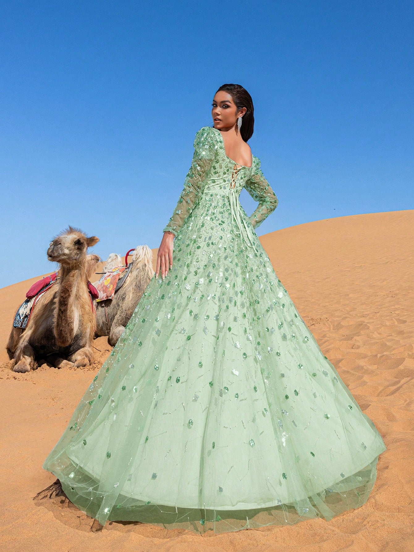Gorgeous Beaded Sequin Evening Gown with Long Sleeves & Fitted Bodice
