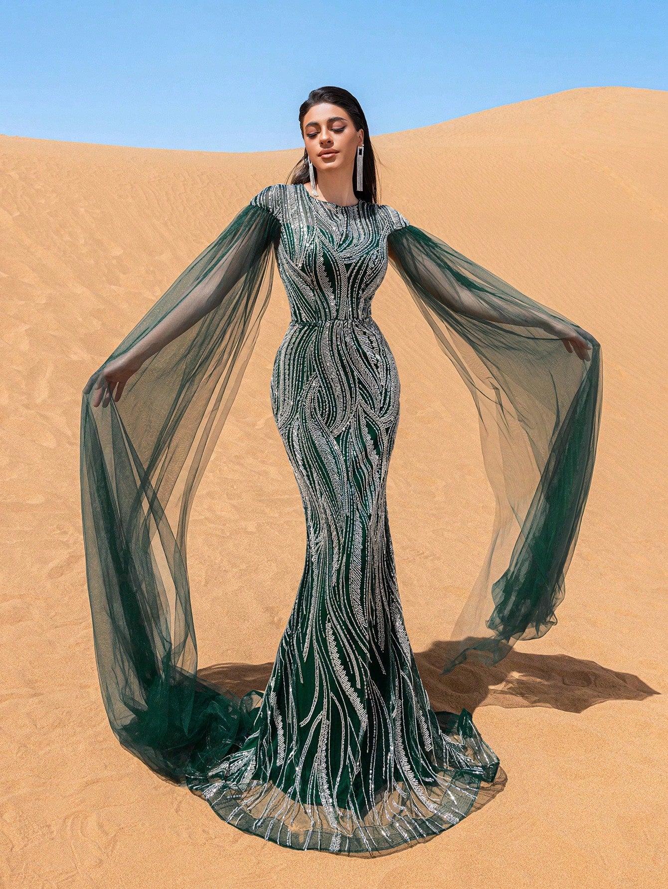 Extra-Long Sleeves Mermaid Hem Sequin Formal Dress
