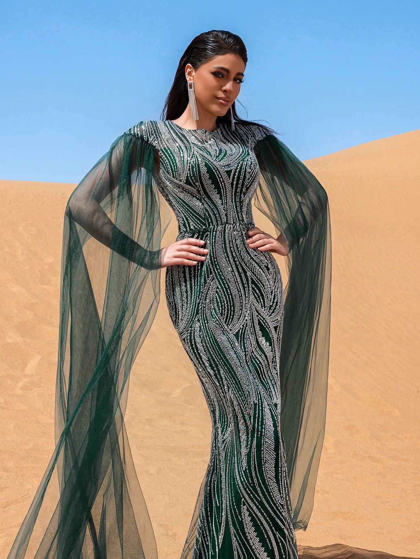 Extra-Long Sleeves Mermaid Hem Sequin Formal Dress