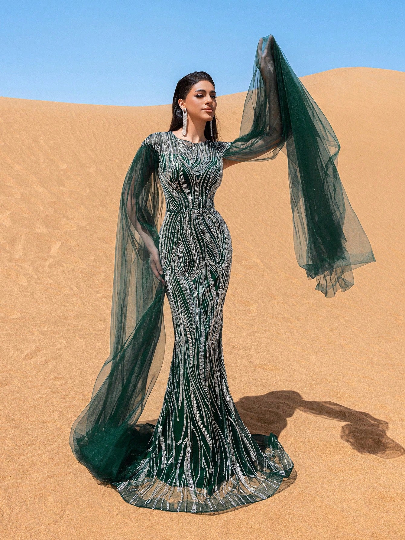 Extra-Long Sleeves Mermaid Hem Sequin Formal Dress