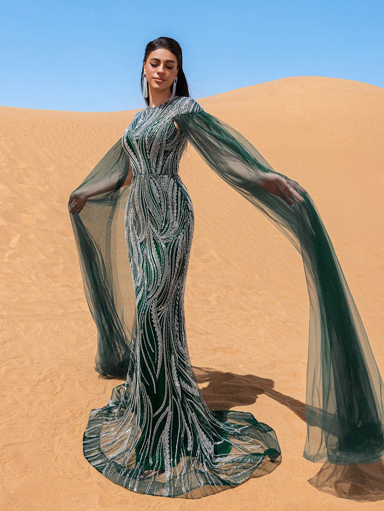 Extra-Long Sleeves Mermaid Hem Sequin Formal Dress