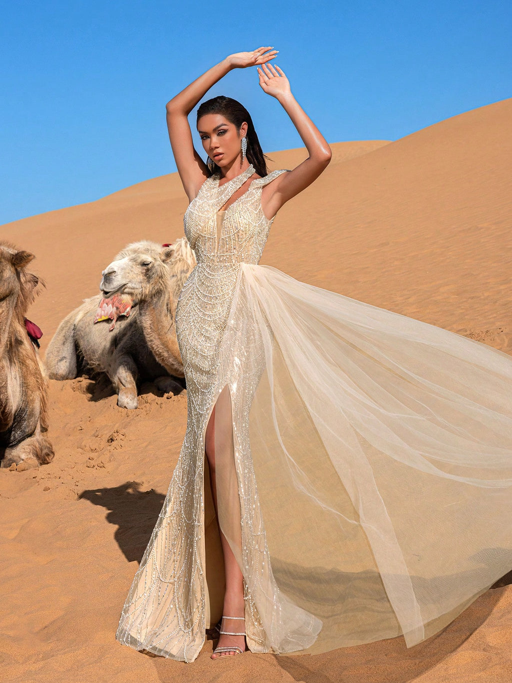 Luxury Asymmetrical Neck Draped Side Beaded  Formal Party Dresses & Evening Gowns Dress & Embellished Dress