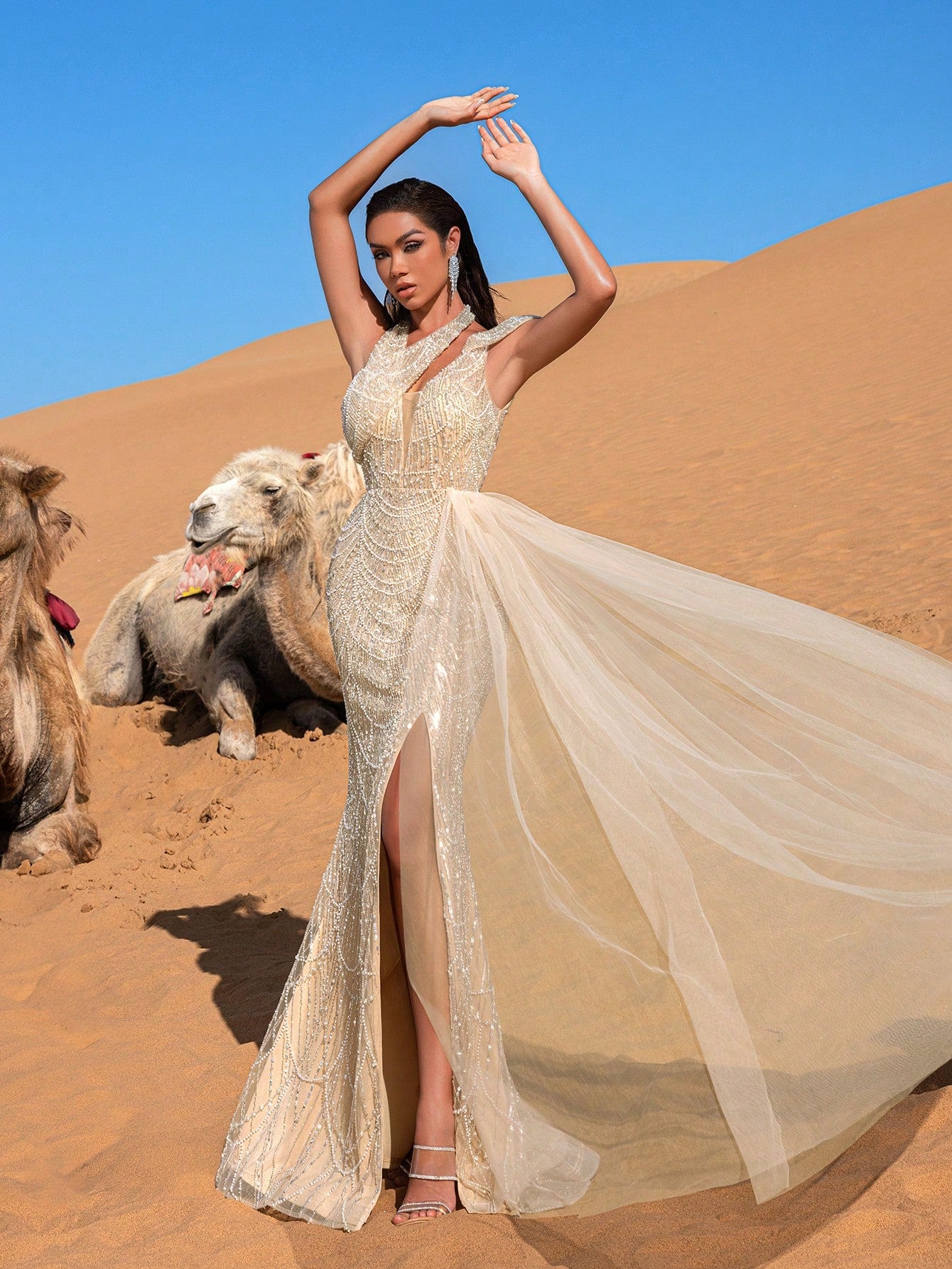 Luxury Asymmetrical Neck Draped Side Beaded  Formal Party Dresses & Evening Gowns Dress & Embellished Dress