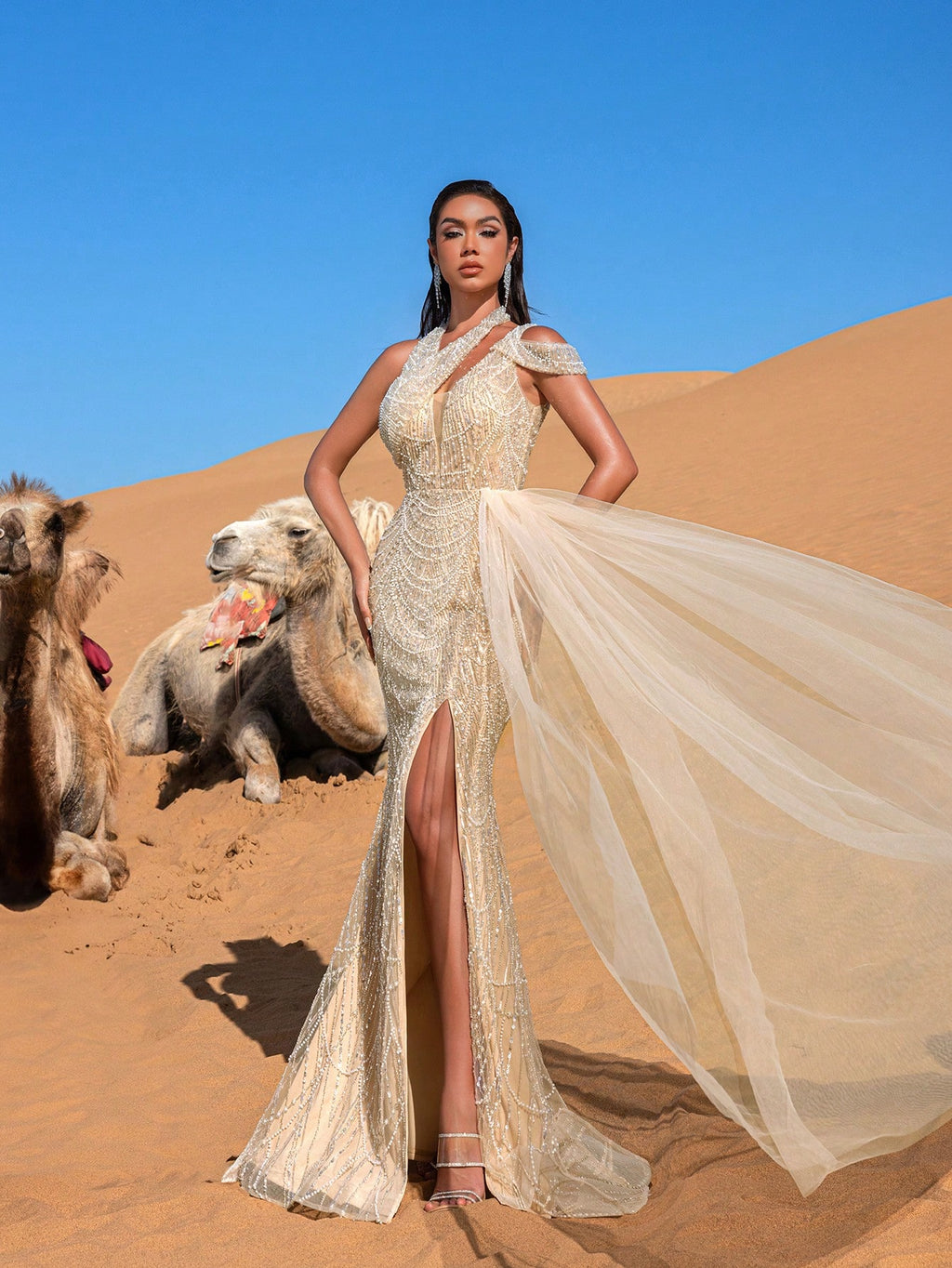 Luxury Asymmetrical Neck Draped Side Beaded  Formal Party Dresses & Evening Gowns Dress & Embellished Dress