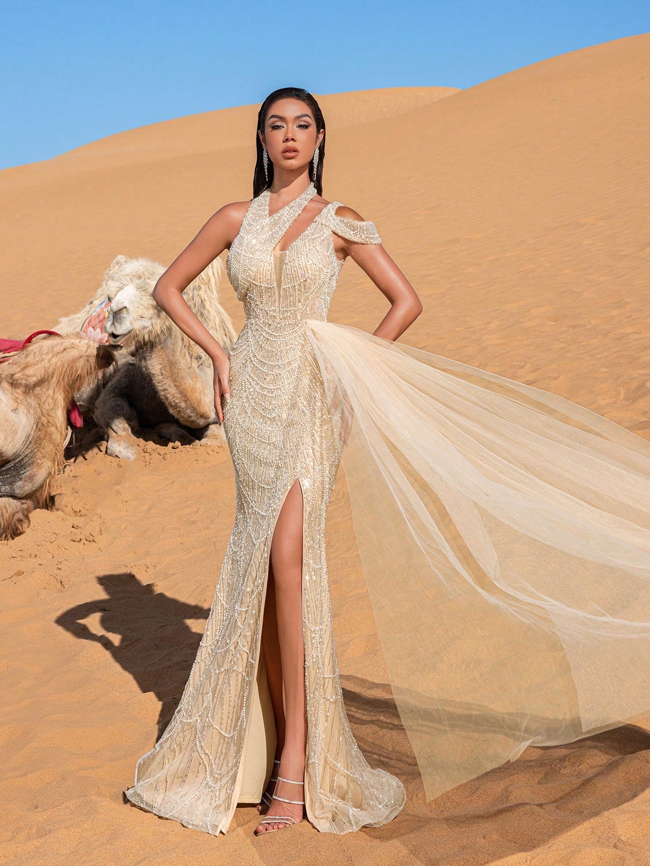 Luxury Asymmetrical Neck Draped Side Beaded  Formal Party Dresses & Evening Gowns Dress & Embellished Dress