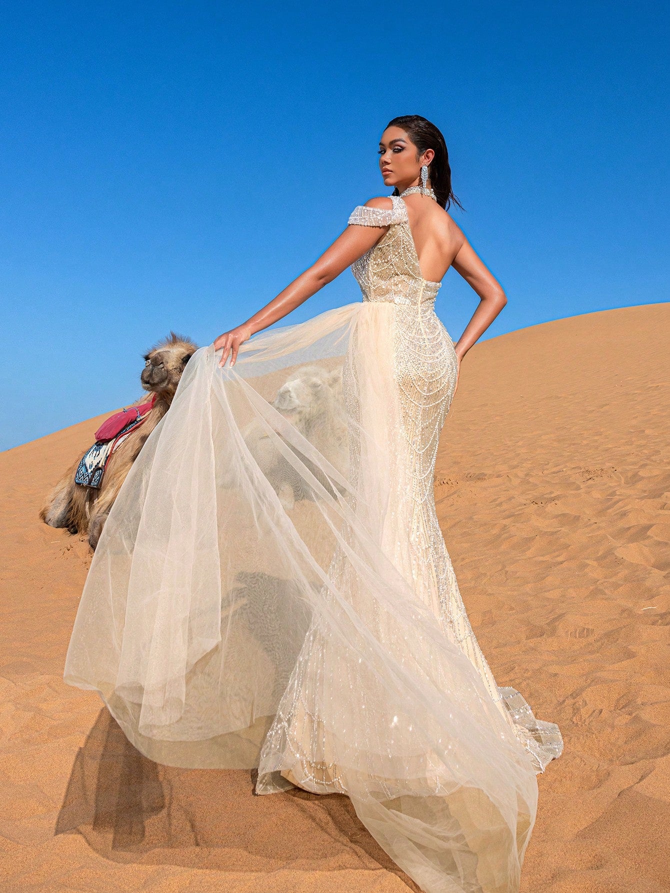 Luxury Asymmetrical Neck Draped Side Beaded  Formal Party Dresses & Evening Gowns Dress & Embellished Dress