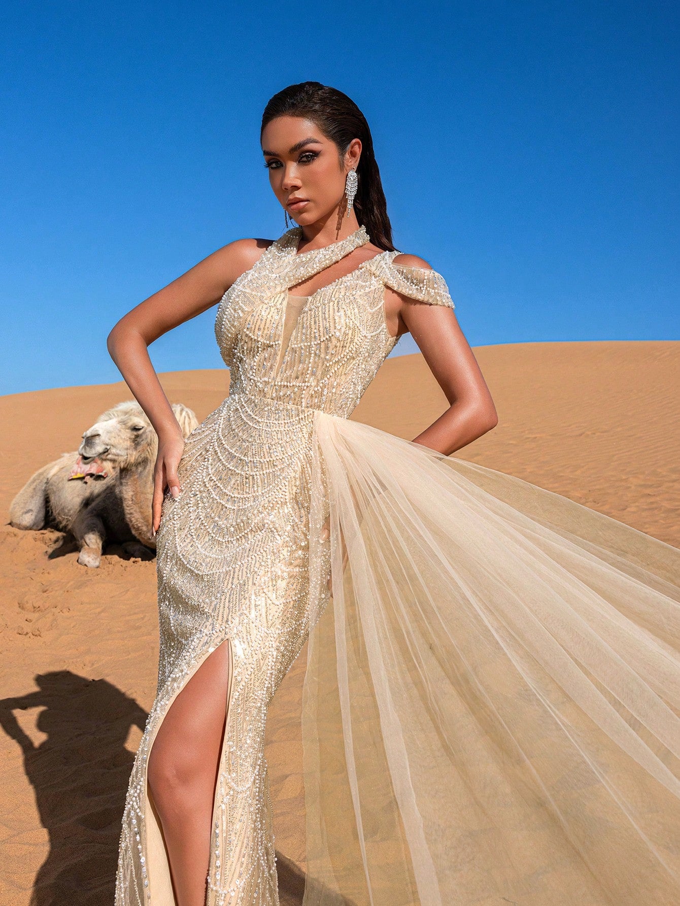 Luxury Asymmetrical Neck Draped Side Beaded  Formal Party Dresses & Evening Gowns Dress & Embellished Dress