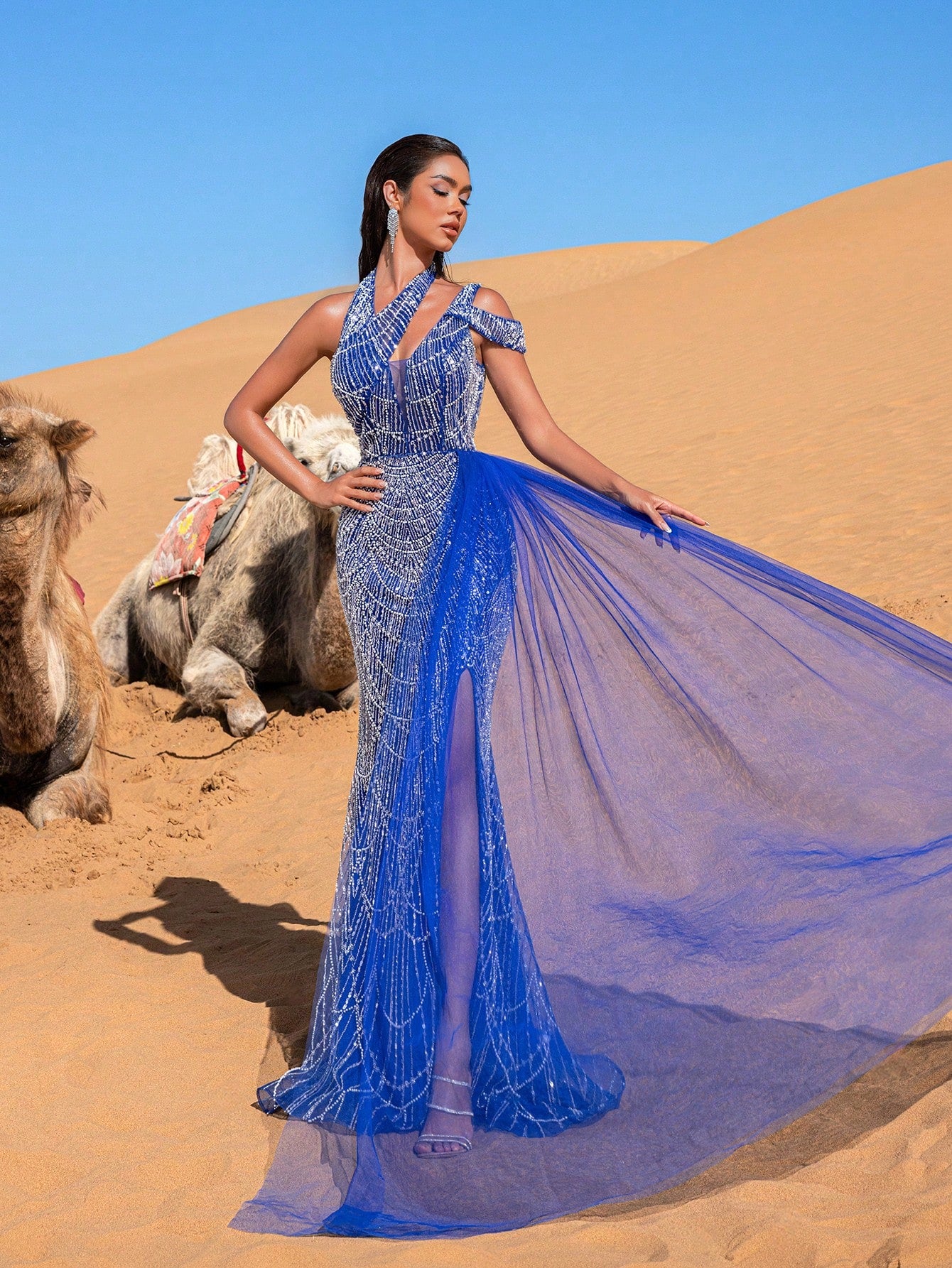 Luxury Asymmetrical Neck Draped Side Beaded  Formal Party Dresses & Evening Gowns Dress & Embellished Dress