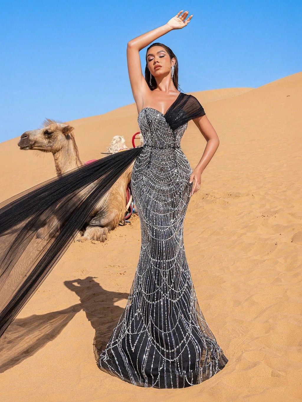 Luxury One-Shoulder Tulle Overlay Beaded Gowns Formal Dresses & Evening Gowns