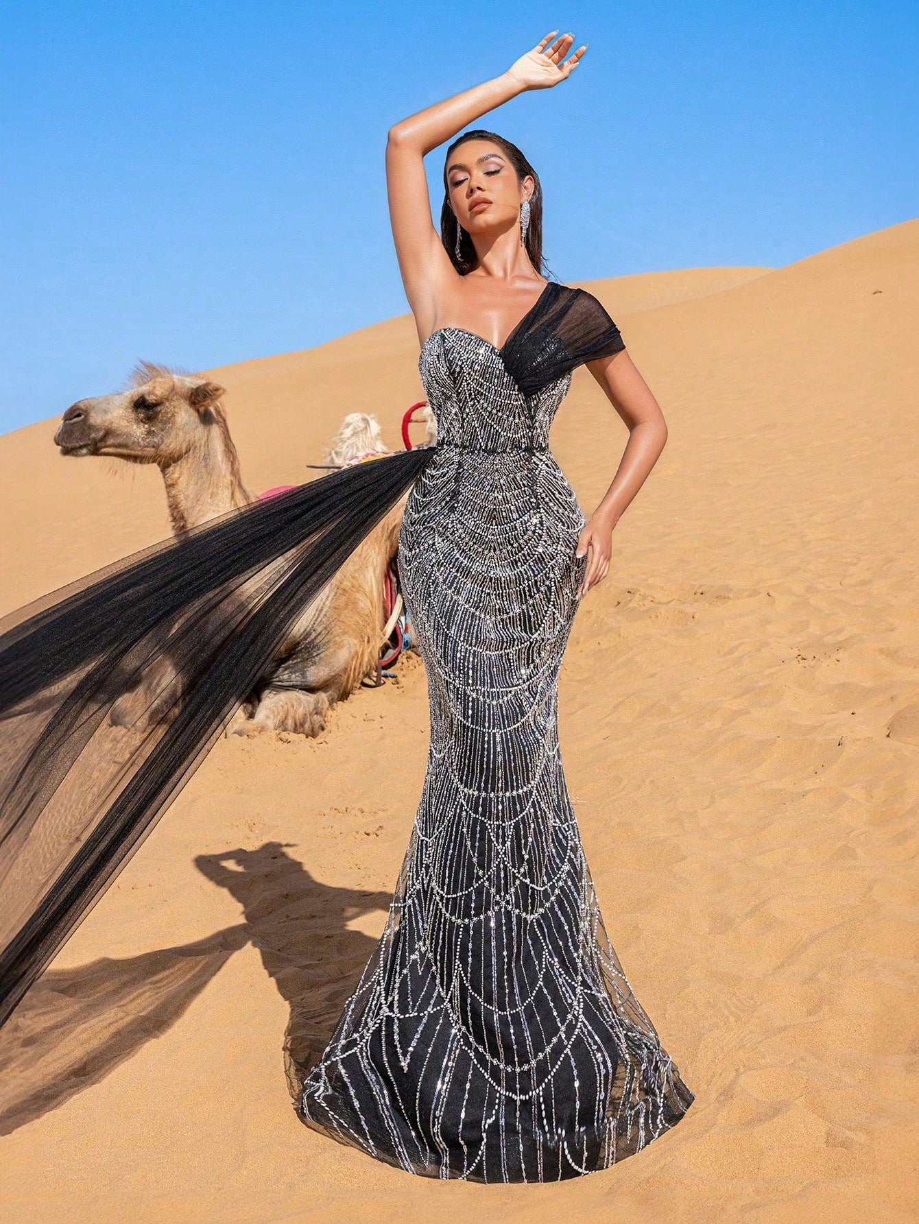Luxury One-Shoulder Tulle Overlay Beaded Gowns Formal Dresses & Evening Gowns