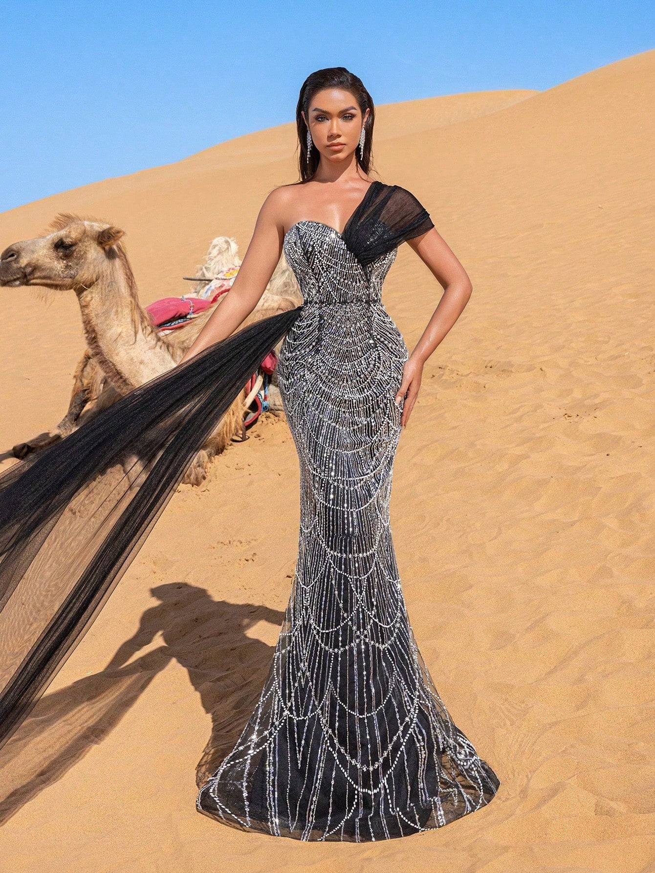Luxury One-Shoulder Tulle Overlay Beaded Gowns Formal Dresses & Evening Gowns
