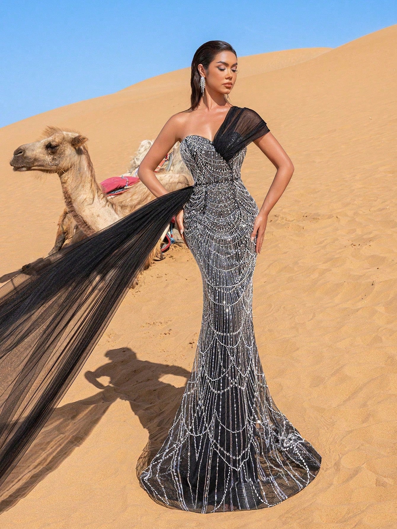 Luxury One-Shoulder Tulle Overlay Beaded Gowns Formal Dresses & Evening Gowns