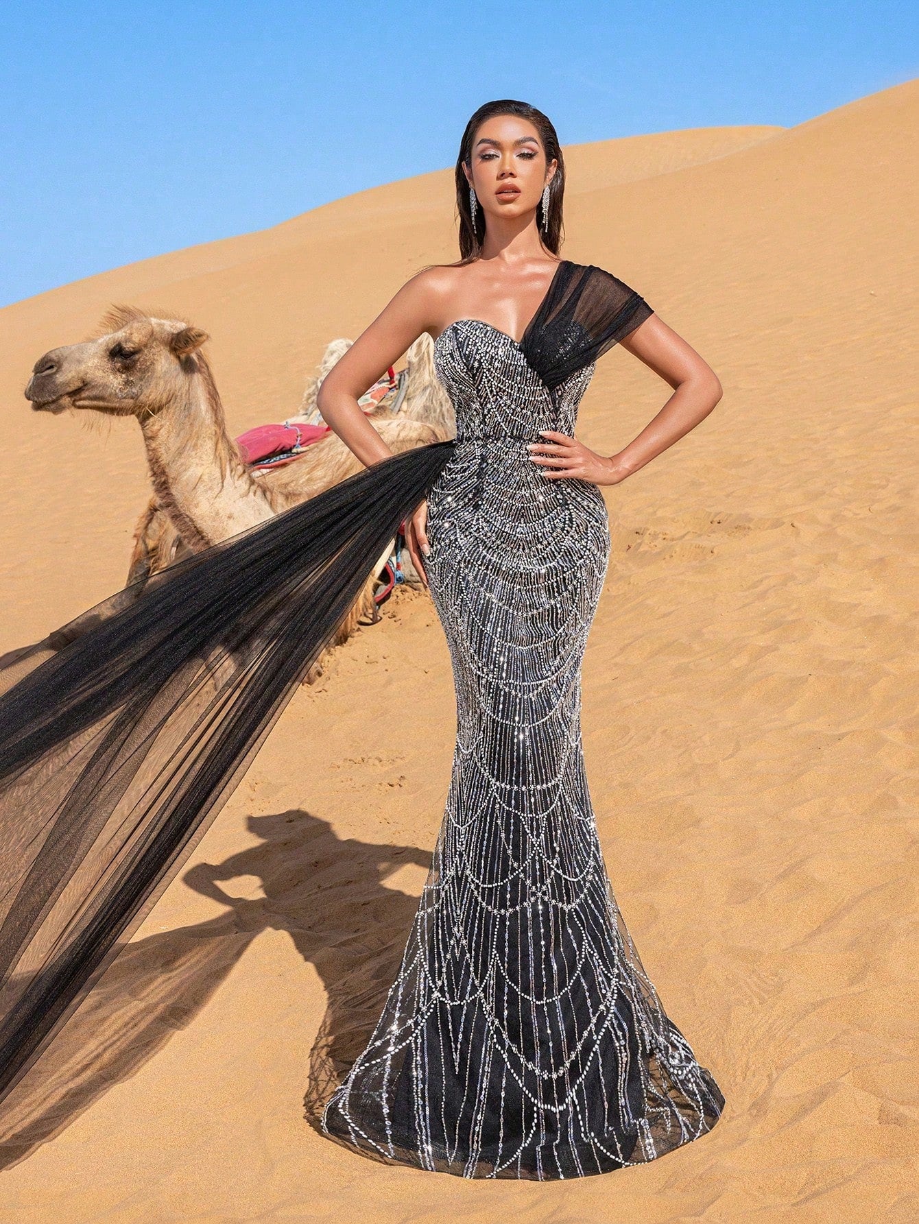Luxury One-Shoulder Tulle Overlay Beaded Gowns Formal Dresses & Evening Gowns