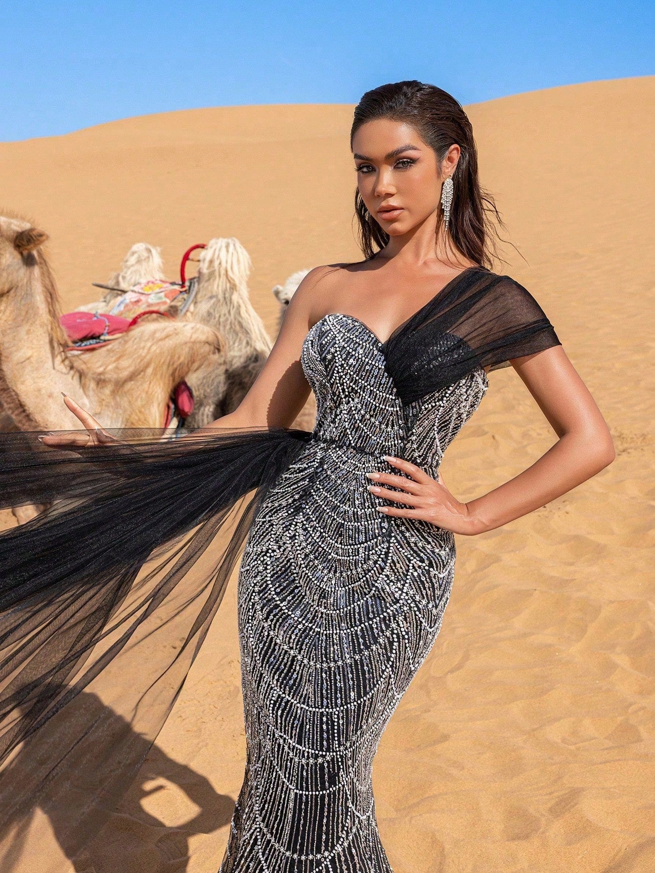 Luxury One-Shoulder Tulle Overlay Beaded Gowns Formal Dresses & Evening Gowns