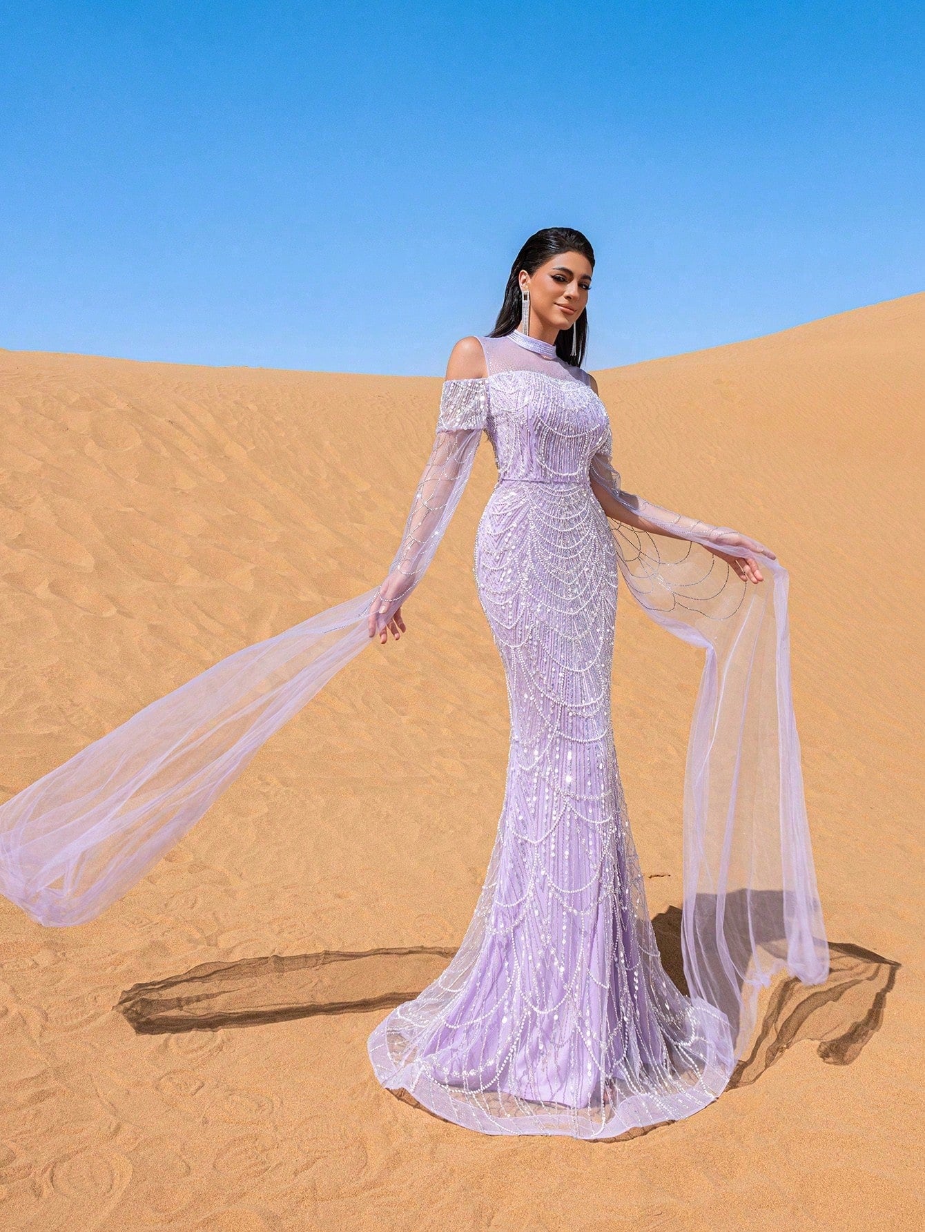Rhinestone Detail Extra-Long Sleeves Sequin Beaded Formal Dresses & Evening Gowns Dress & Embellished Dress