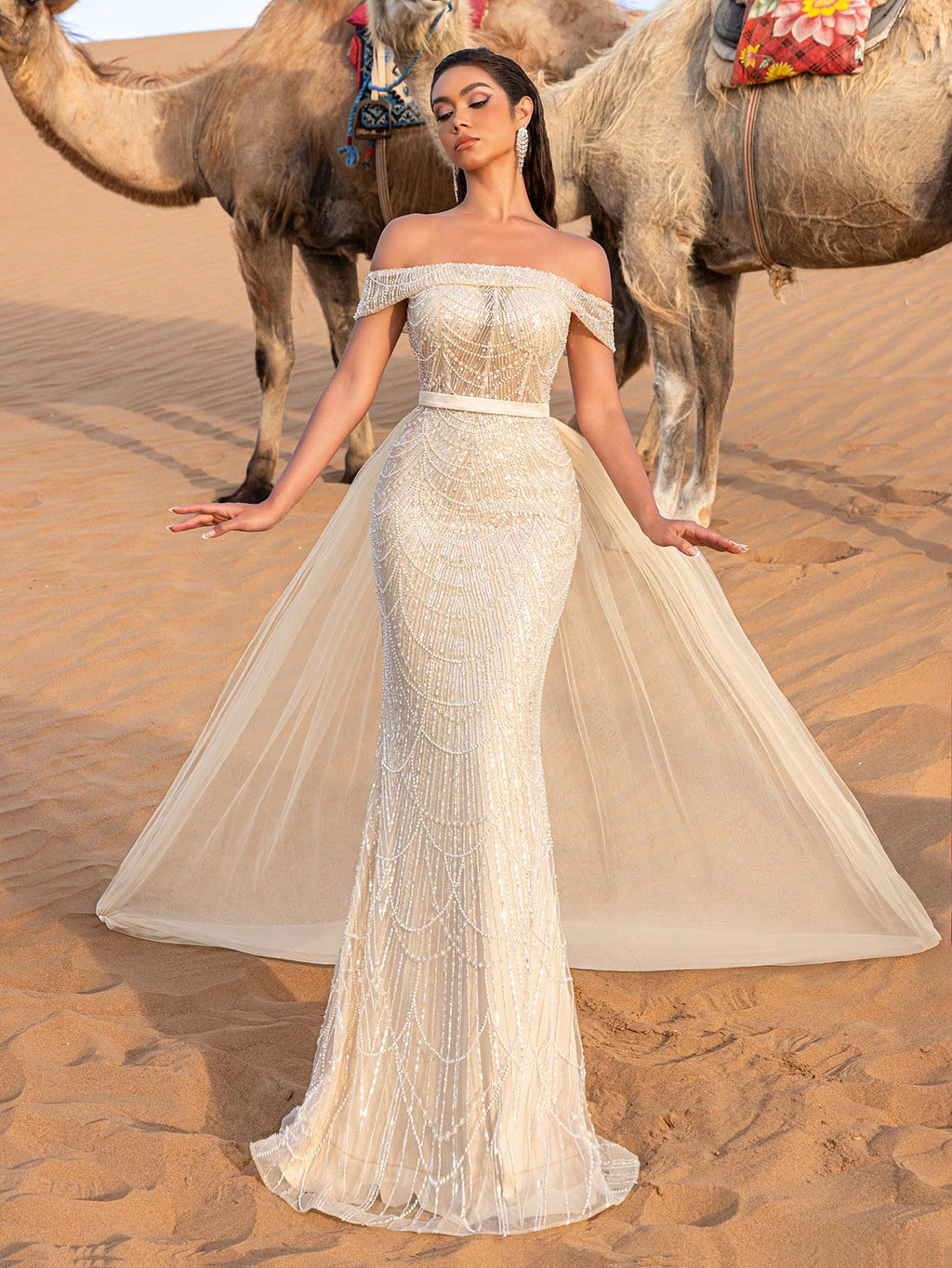 Luxury Off Shoulder Tulle Overlay Mermaid Hem Beaded Sequin Evening Dress
