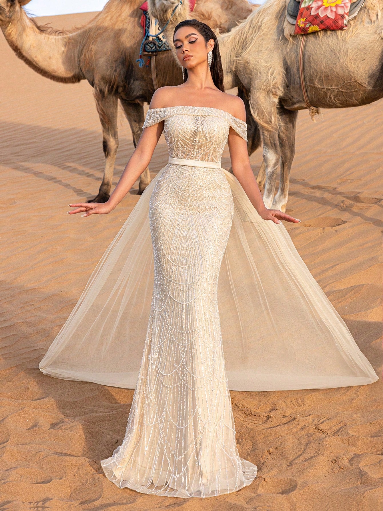 Luxury Off Shoulder Tulle Overlay Mermaid Hem Beaded Sequin Evening Dress