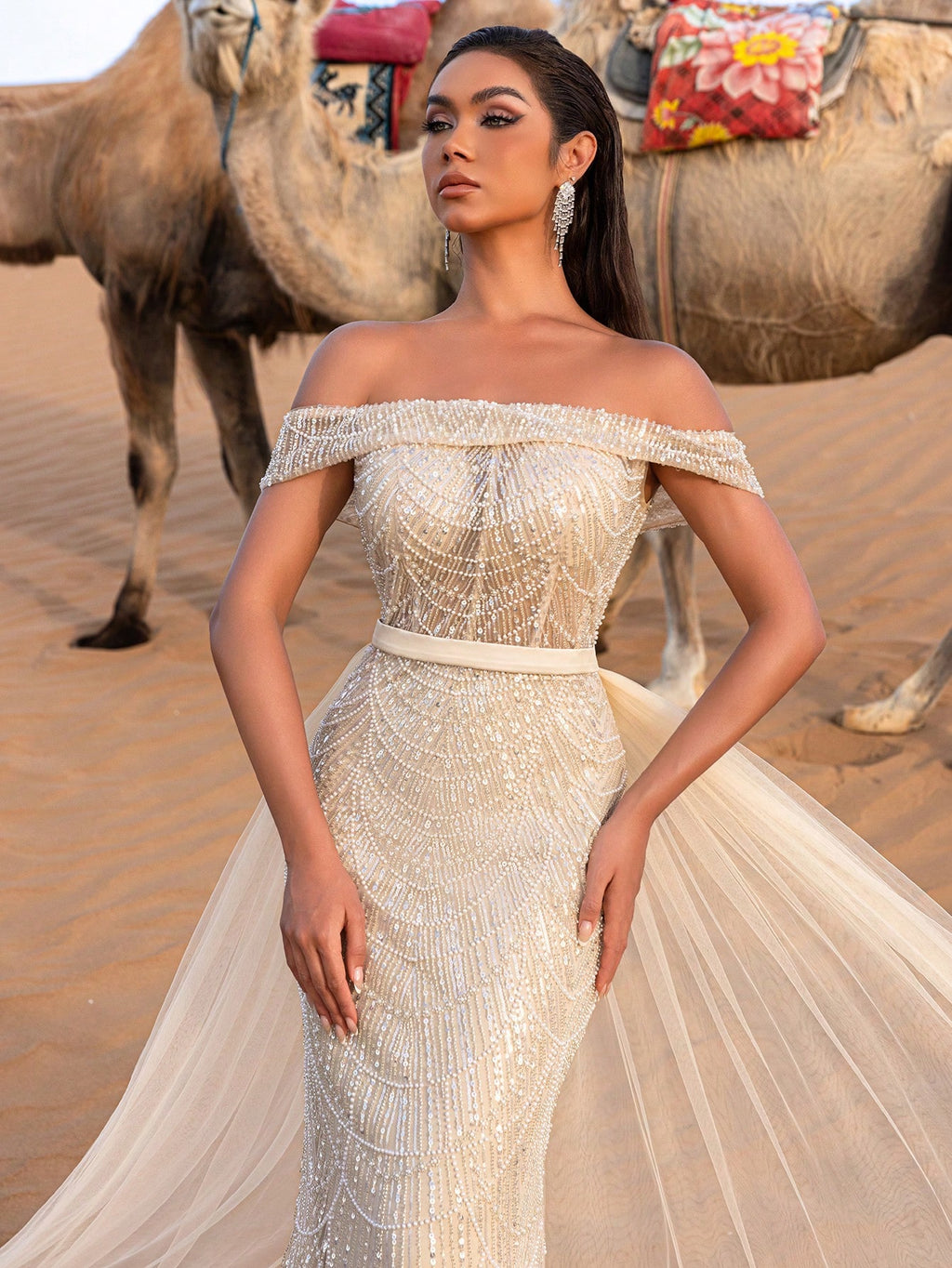Luxury Off Shoulder Tulle Overlay Mermaid Hem Beaded Sequin Evening Dress