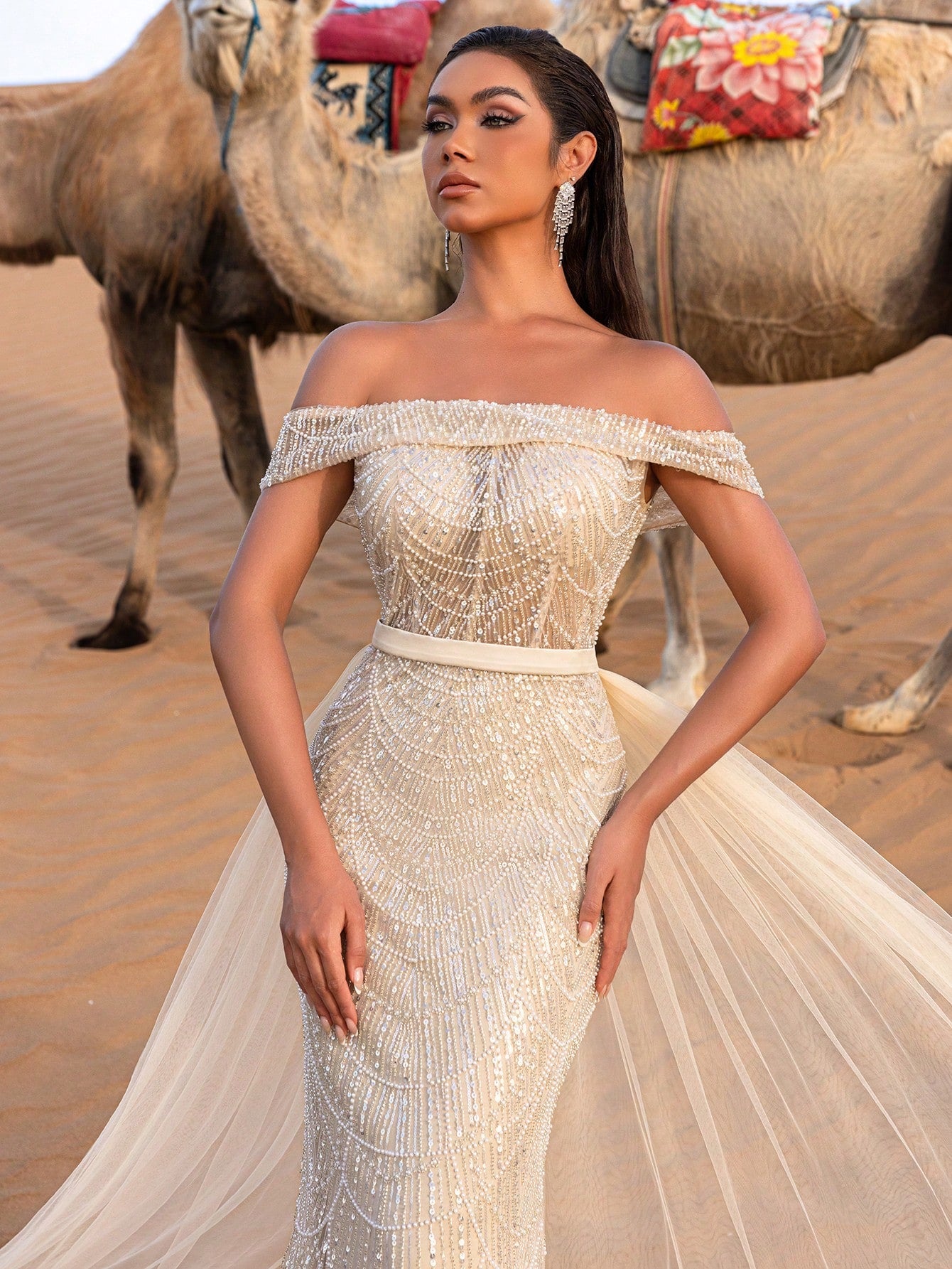 Luxury Off Shoulder Tulle Overlay Mermaid Hem Beaded Sequin Evening Dress