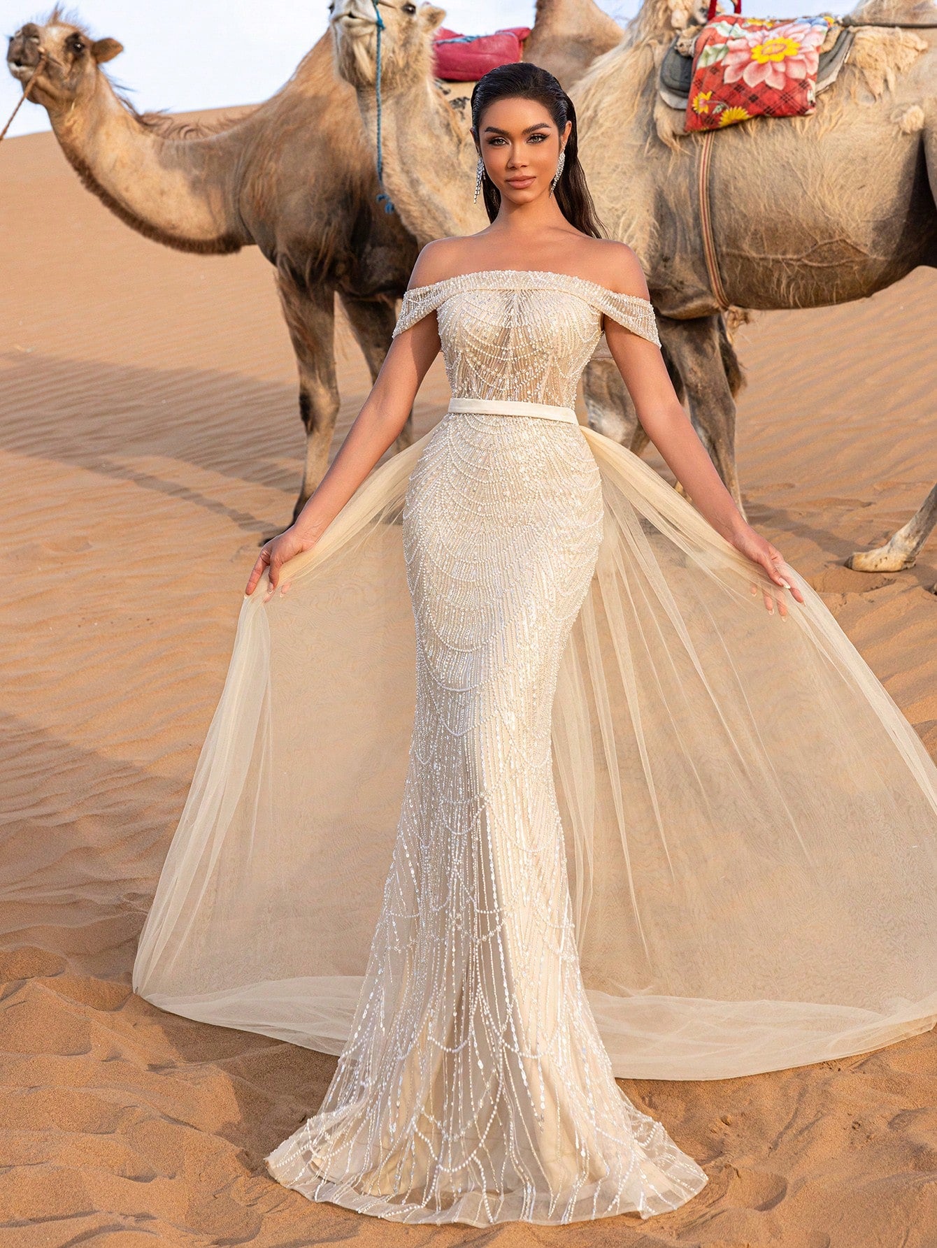 Luxury Off Shoulder Tulle Overlay Mermaid Hem Beaded Sequin Evening Dress