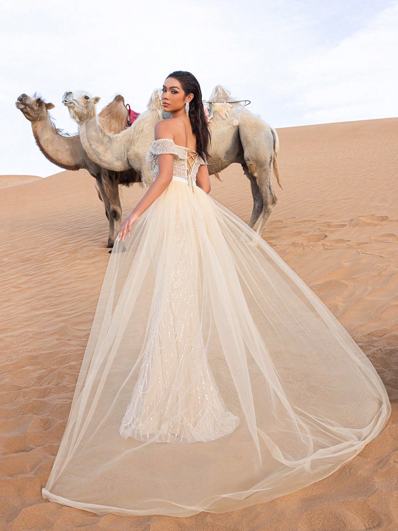 Luxury Off Shoulder Tulle Overlay Mermaid Hem Beaded Sequin Evening Dress