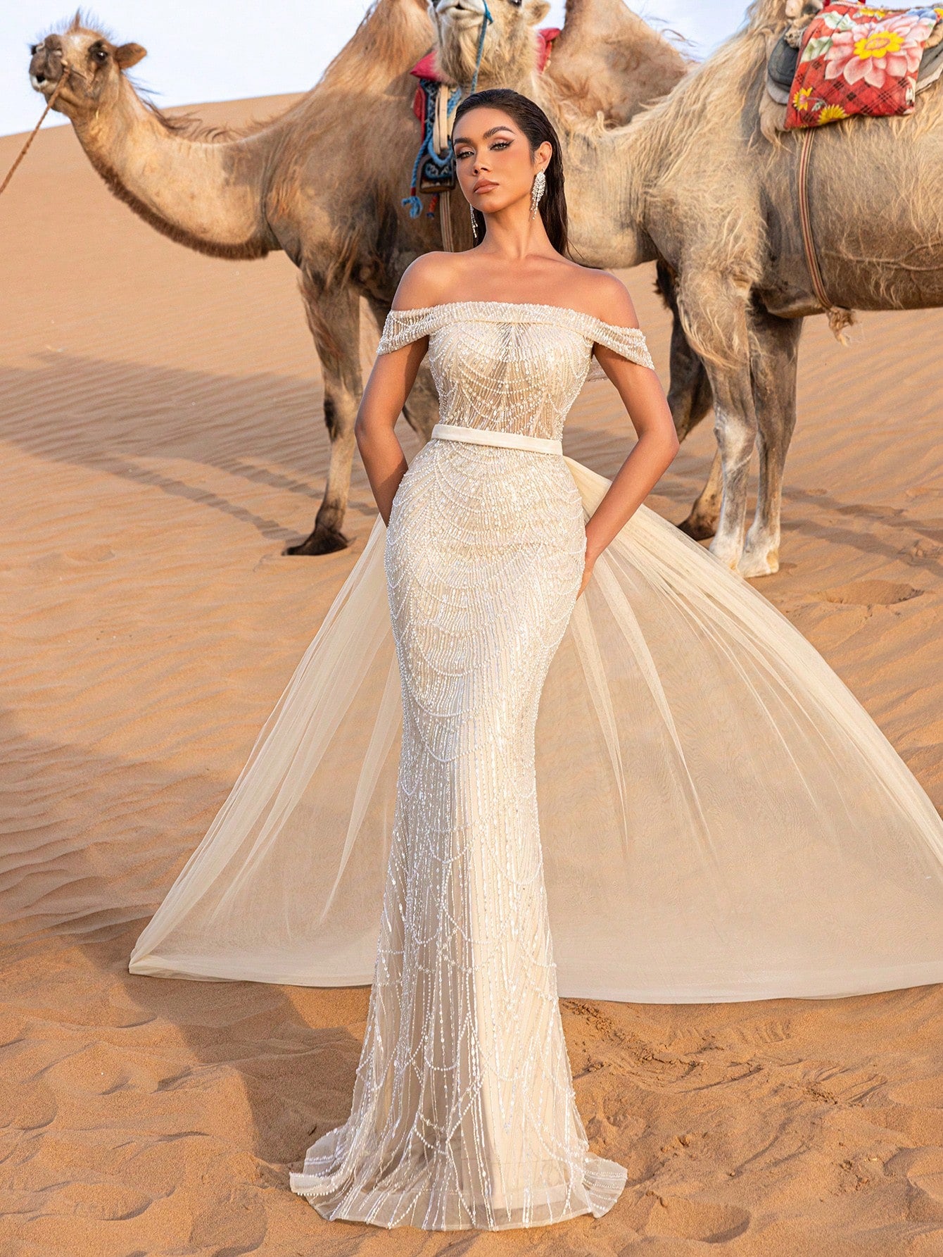 Luxury Off Shoulder Tulle Overlay Mermaid Hem Beaded Sequin Evening Dress