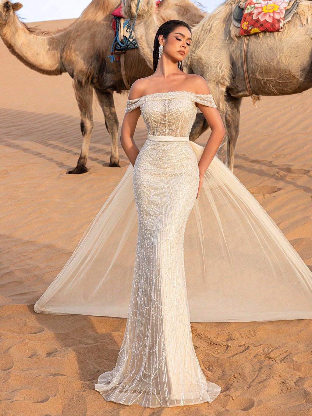 Luxury Off Shoulder Tulle Overlay Mermaid Hem Beaded Sequin Evening Dress