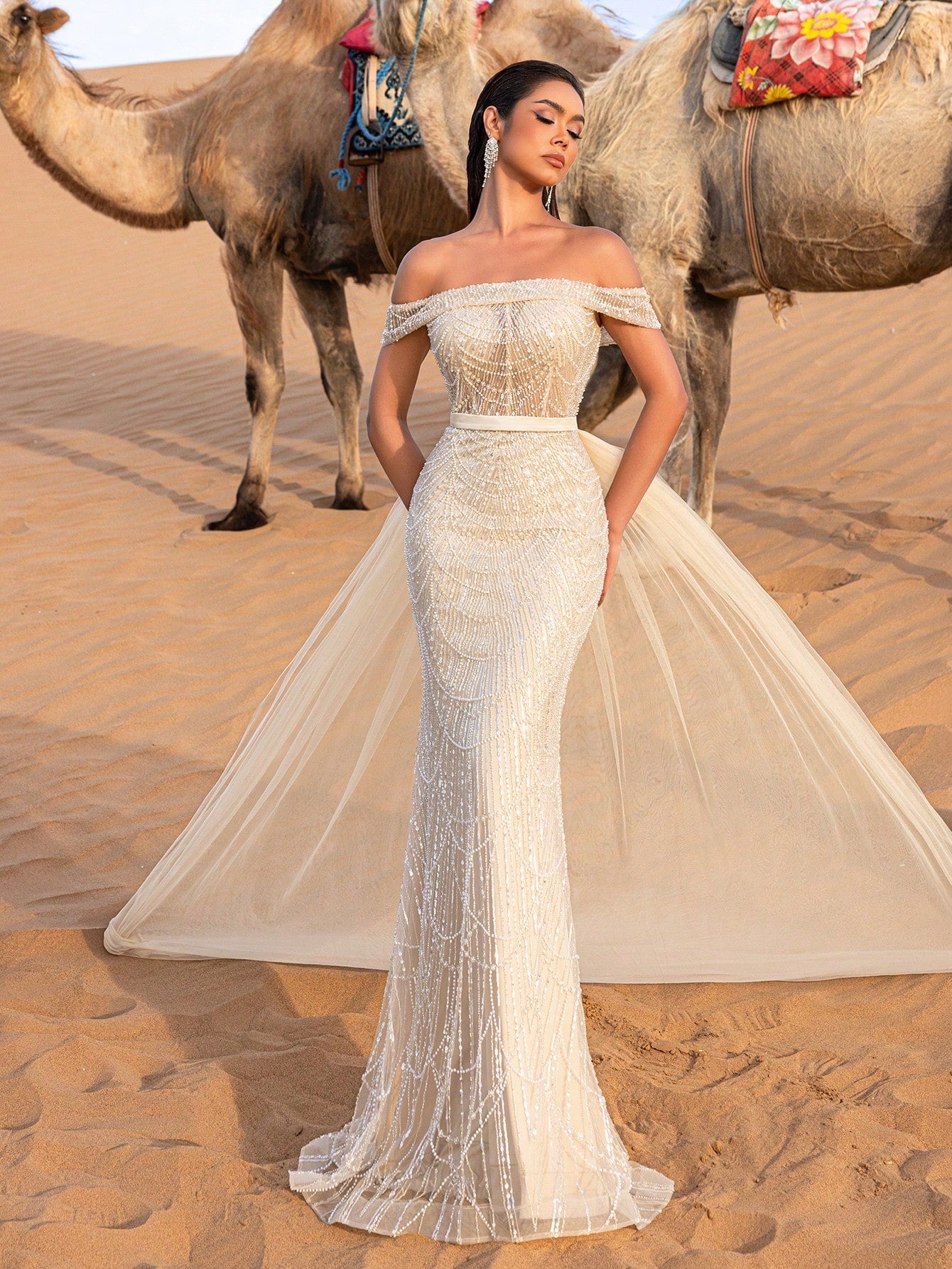 Luxury Off Shoulder Tulle Overlay Mermaid Hem Beaded Sequin Evening Dress