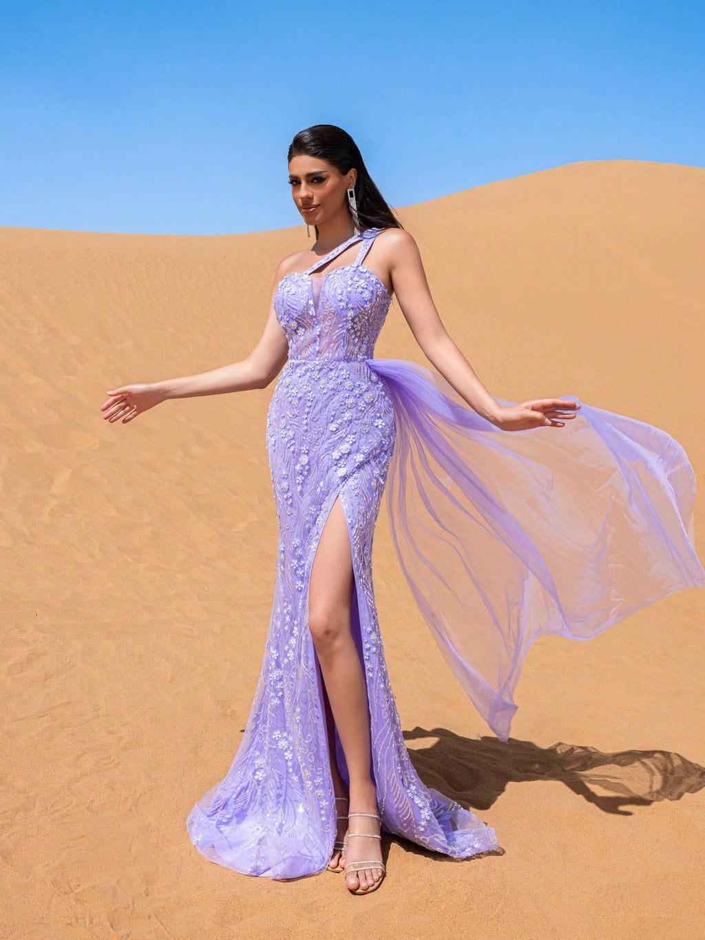 Gorgeous Asymmetric Neckline Floral Sequins Beaded Formal Dresses & Evening Gowns