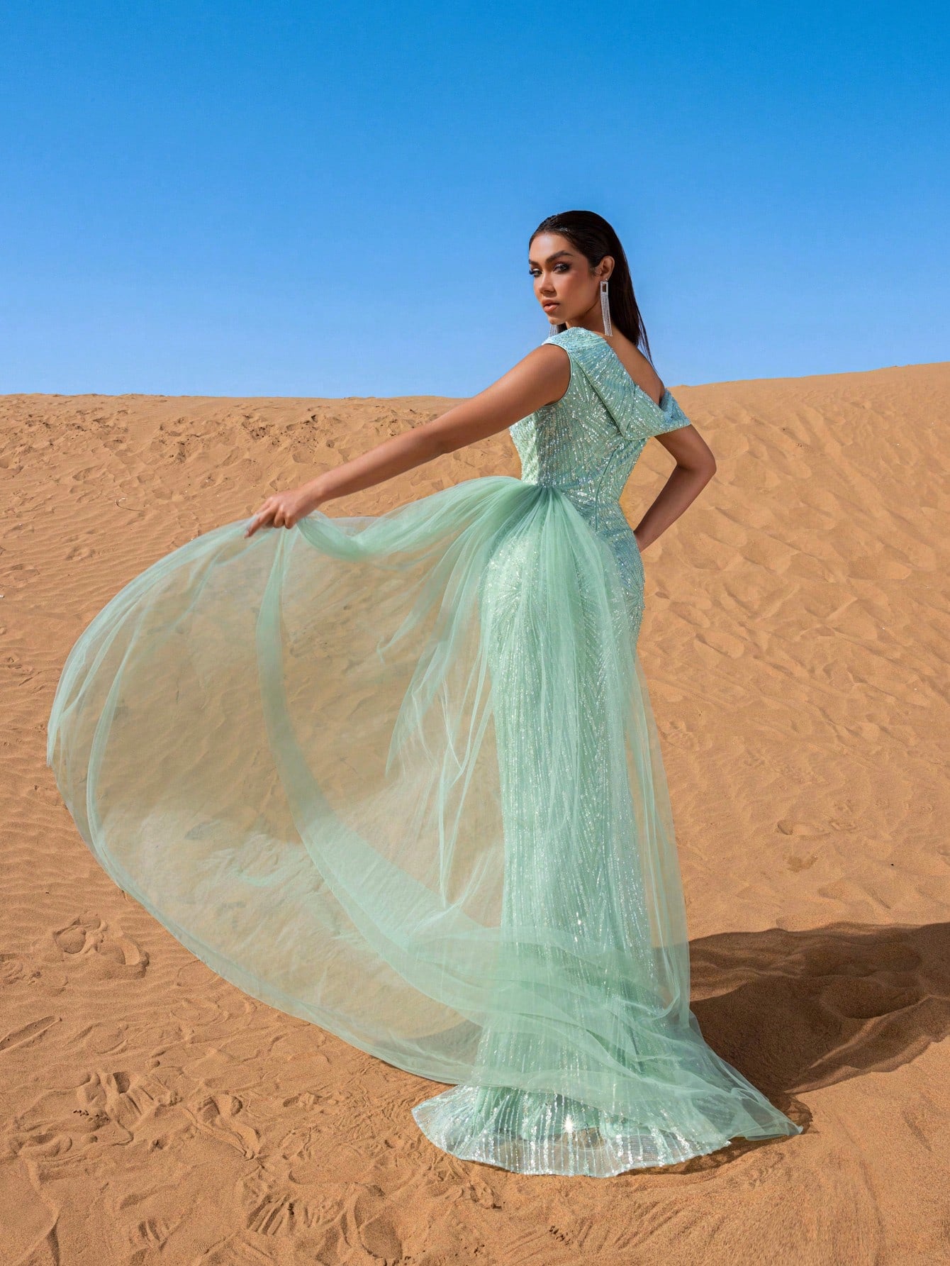 Gorgeous Sloping Collar Sheer Overlay Beaded Evening Dress