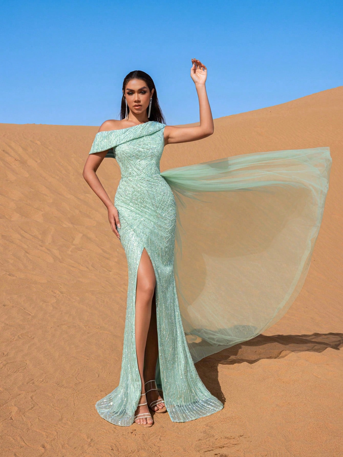 Gorgeous Sloping Collar Sheer Overlay Beaded Evening Dress