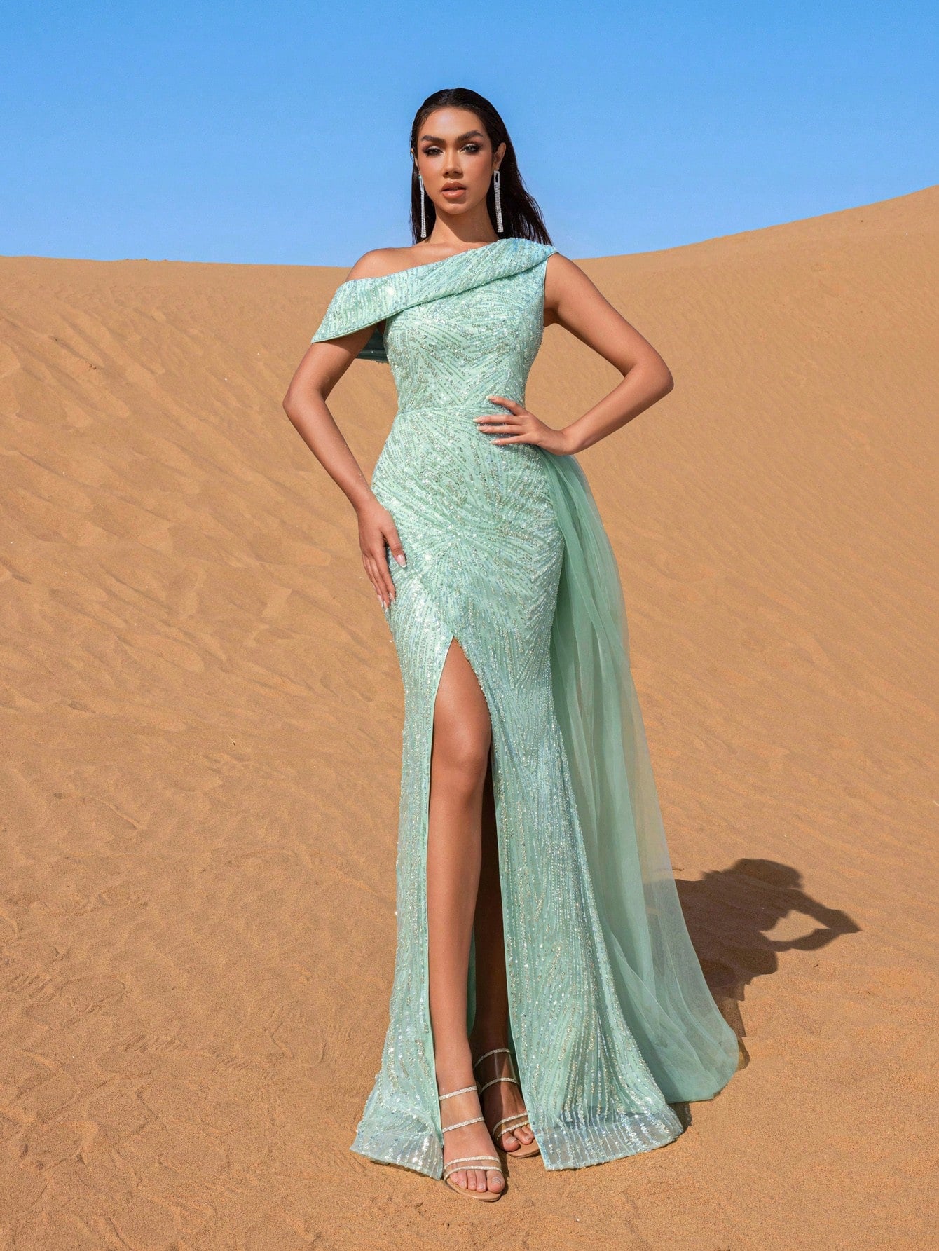 Gorgeous Sloping Collar Sheer Overlay Beaded Evening Dress